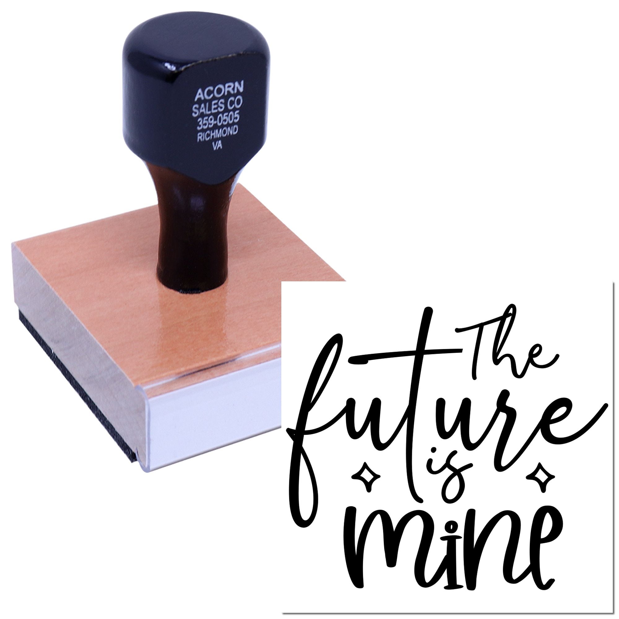 Custom rubber stamp featuring The future is mine quote for crafting, branding, and motivational stationery projects.