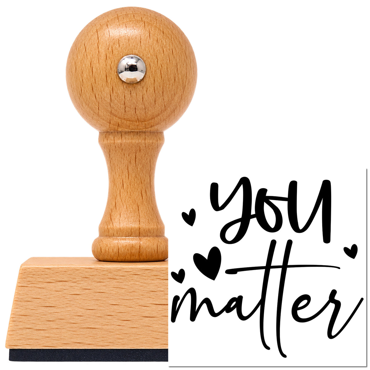 You Matter Scattered Hearts Vintage Pro rubber stamp in European beech wood with a round knob handle, shown beside its black imprint.