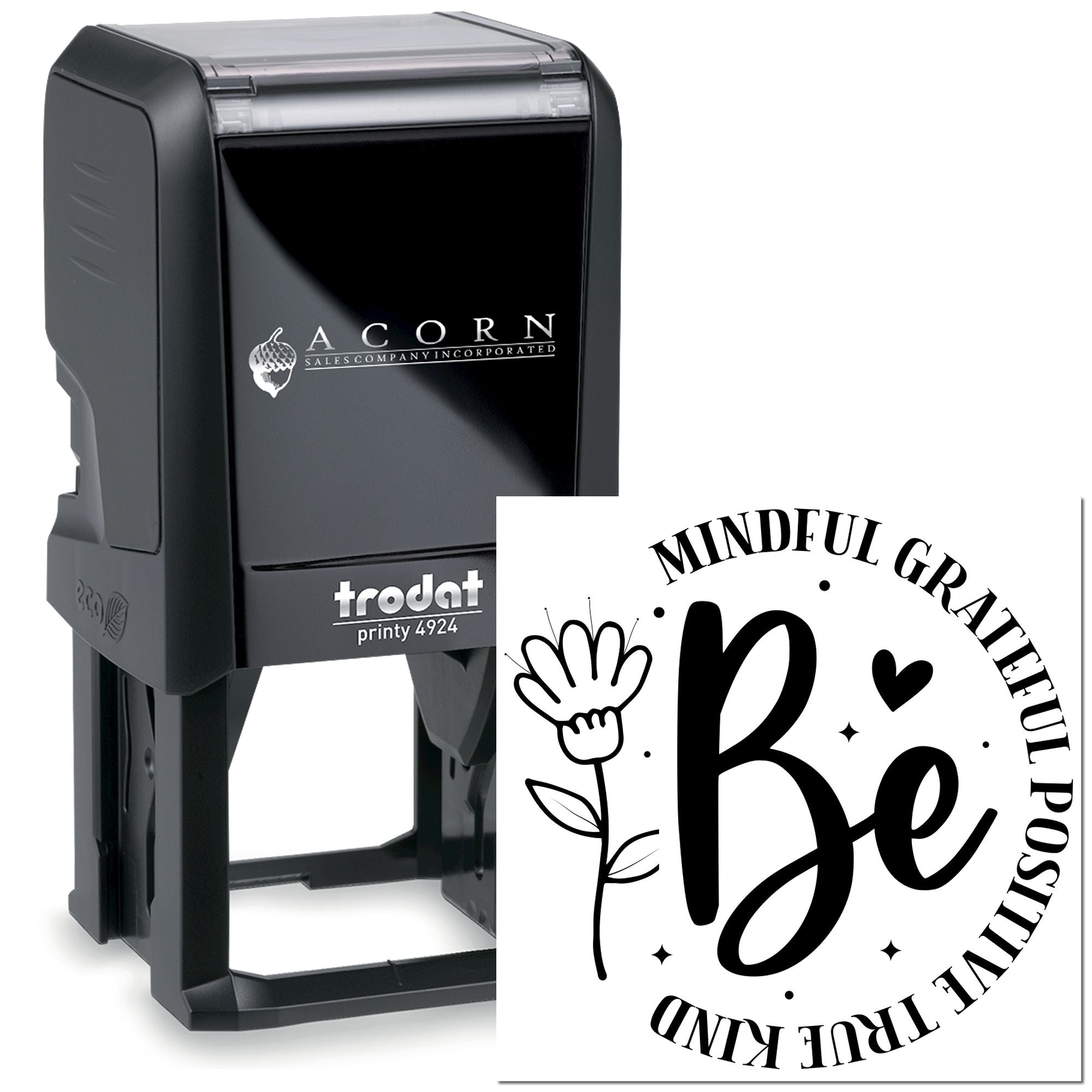 Custom self-inking rubber stamp with Mindful Grateful Be Kind design, ideal for personalized craft and business stamping.