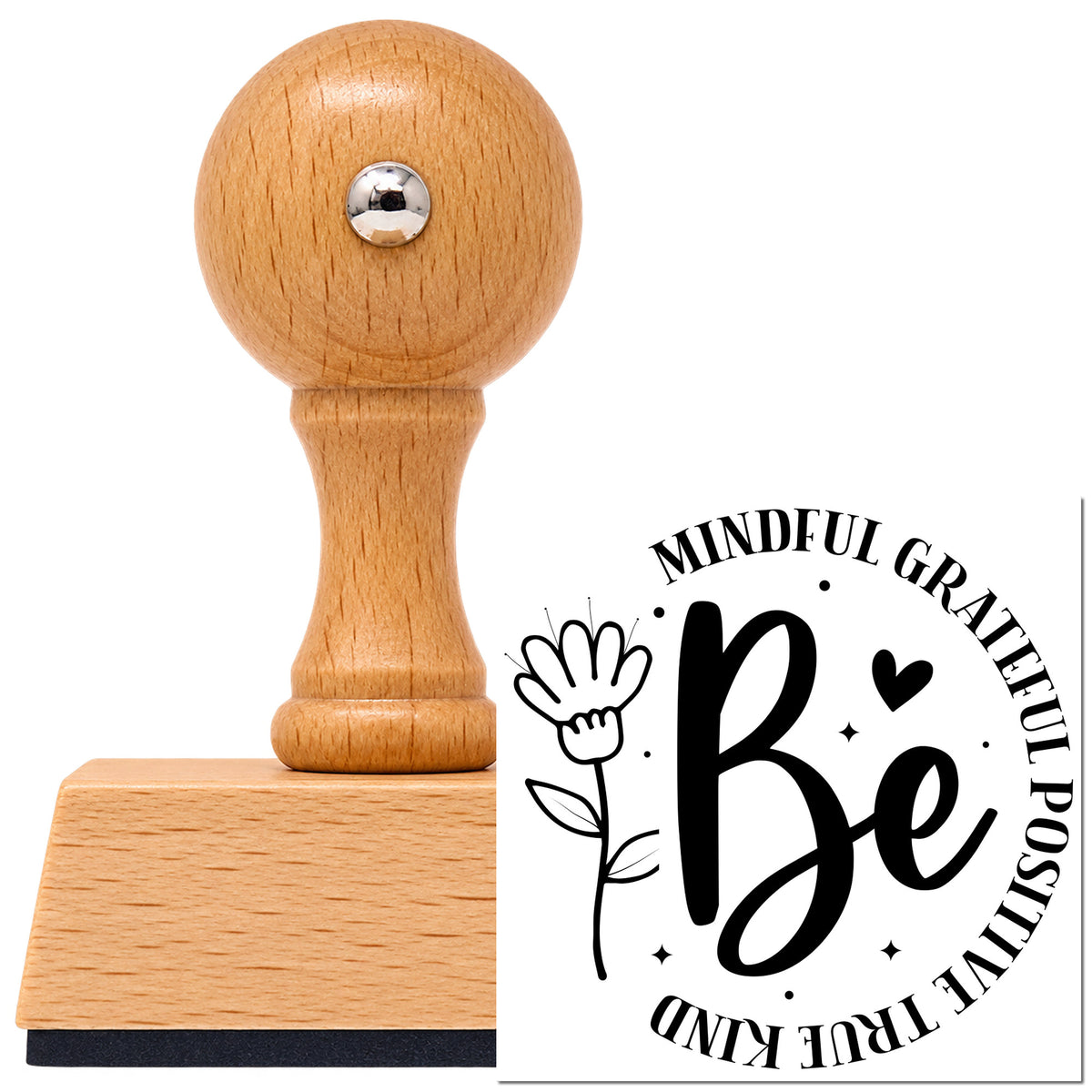 Mindful Grateful Positive True Kind Vintage Pro rubber stamp in European beech wood with a round knob handle, shown beside its black imprint.