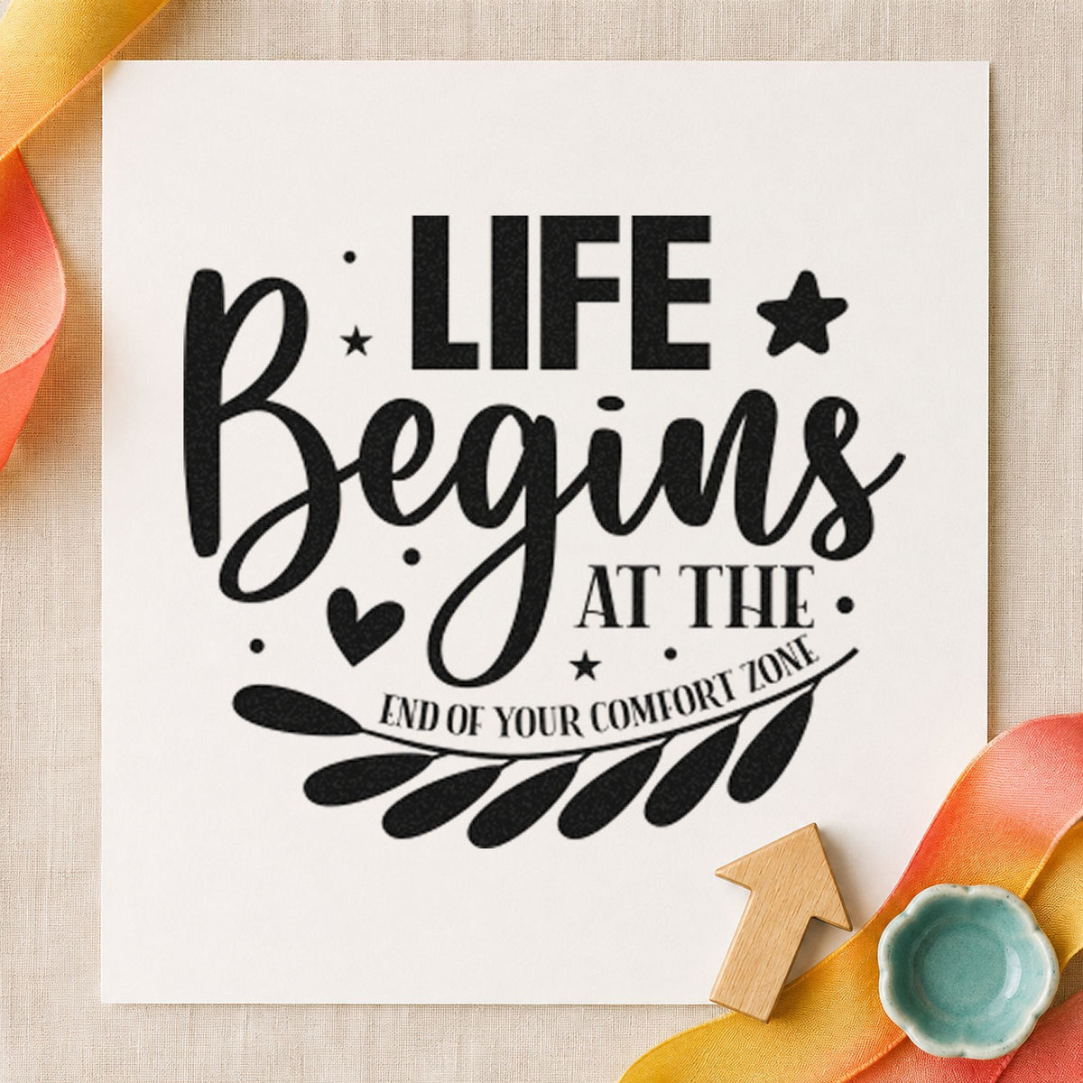 Life Begins Comfort Zone Leaves craft stamp in black ink on cardstock, an easy option for open mic album page.