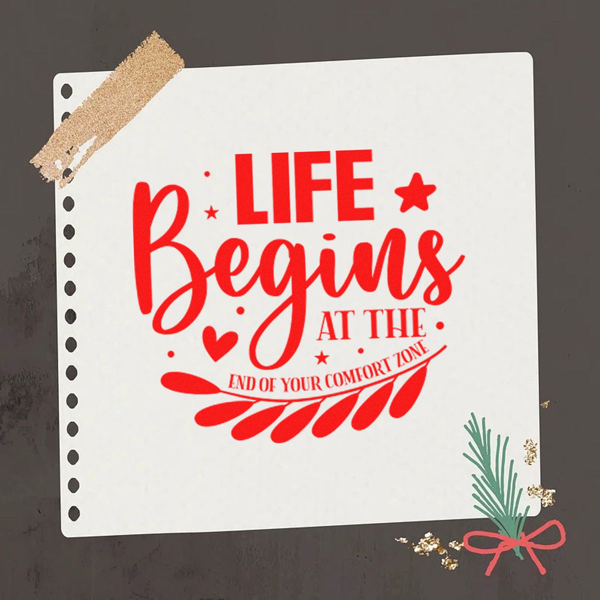 Life Begins Comfort Zone Leaves rubber stamp shown in red ink, stamped for projects such as open mic album page.