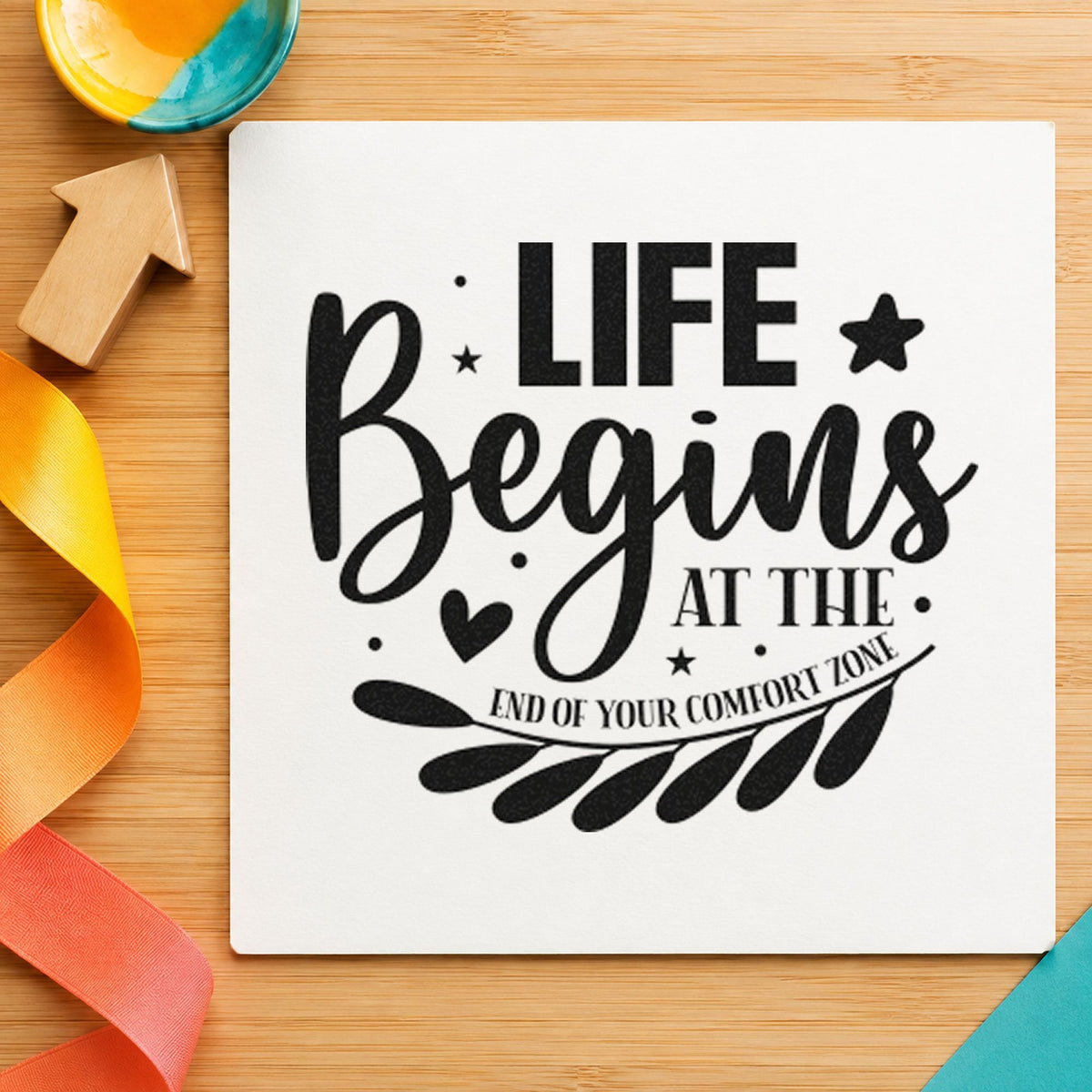 Life Begins Comfort Zone Leaves rubber stamp printed in black ink, ready for set list sheet and similar paper crafts.