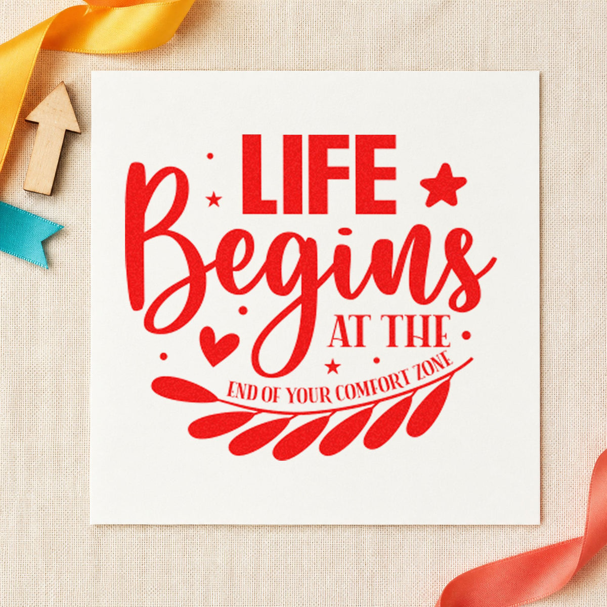 Life Begins Comfort Zone Leaves rubber stamp shown in red ink, stamped for projects such as bin sound labels.