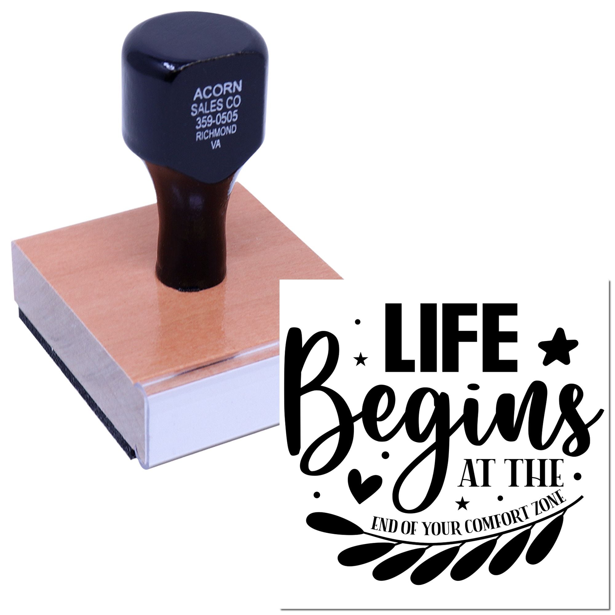 Self-inking rubber stamp with motivational quote, Life Begins at the End of Your Comfort Zone, for custom imprinting.