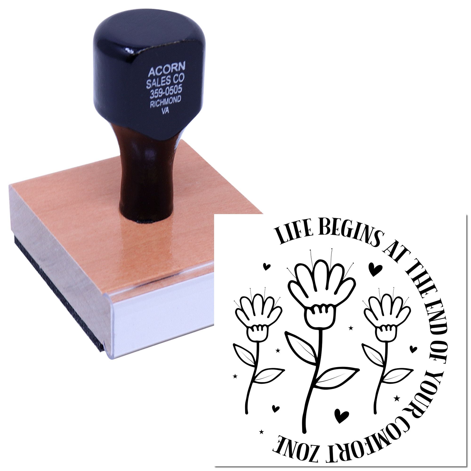 Motivational rubber stamp with floral quote design, Life begins at the end of your comfort zone, for handmade cards and crafts.