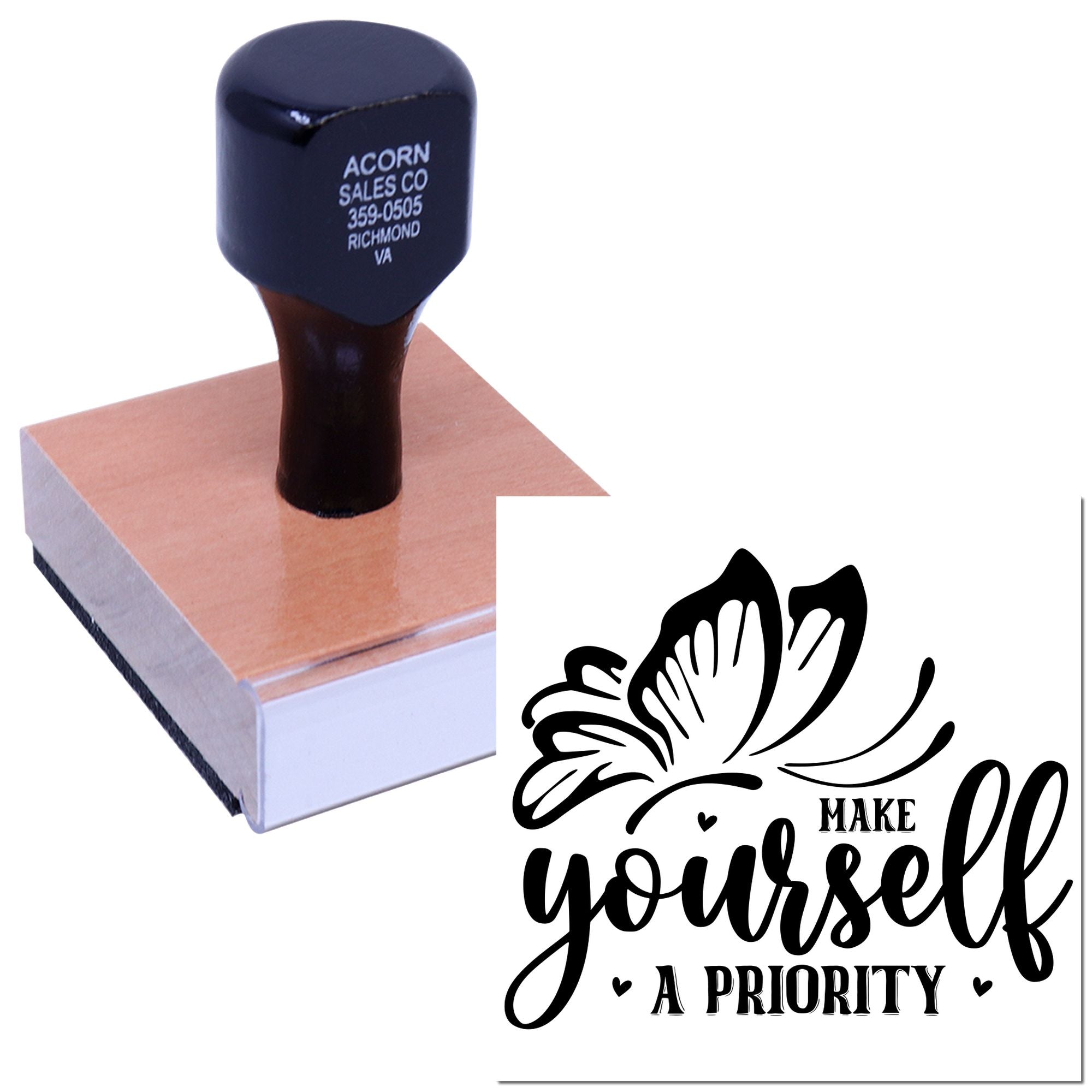 Self-care quote rubber stamp with butterfly design reading Make Yourself a Priority for crafts, cards, and journaling.