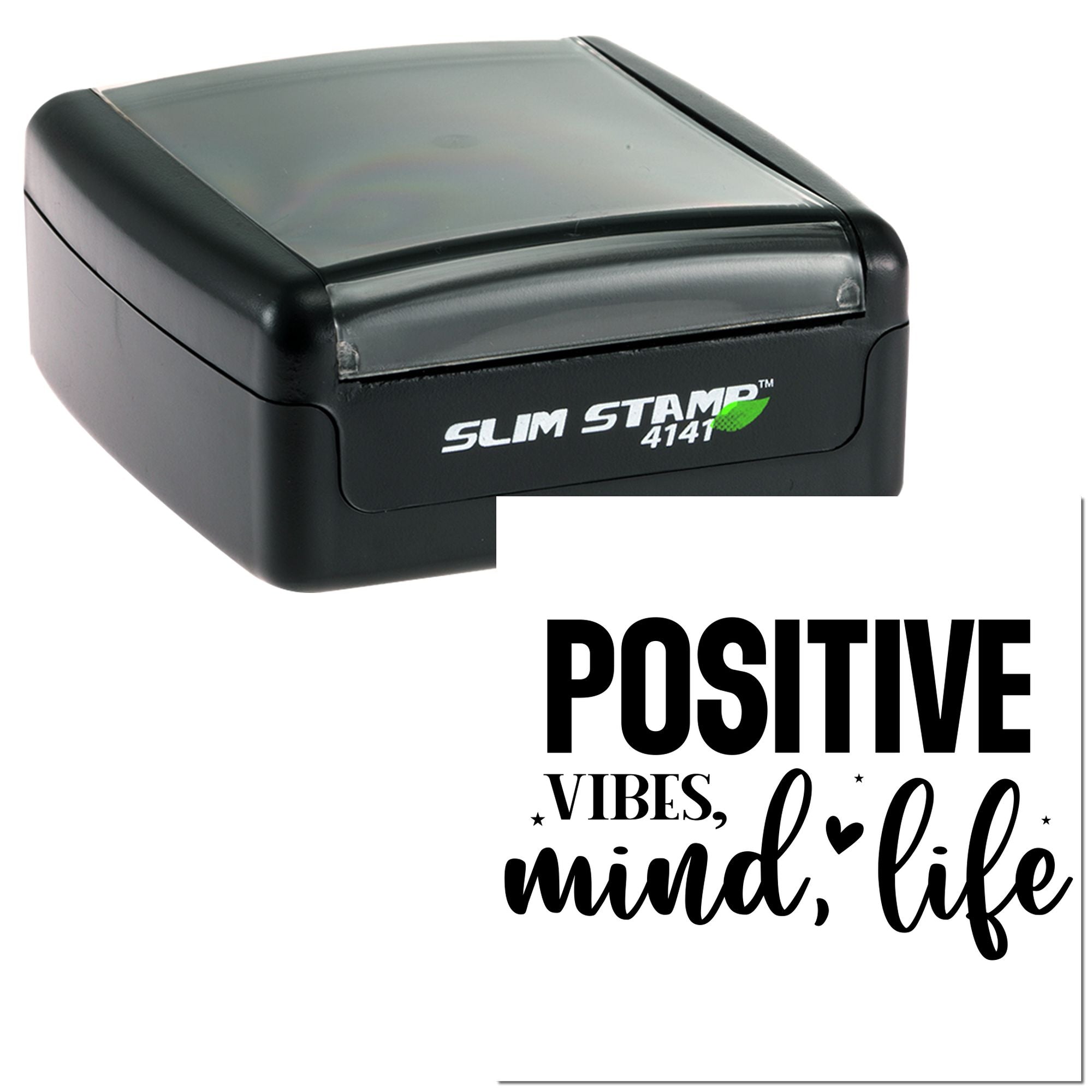 Custom Slim Stamp self-inking rubber stamp with Positive Vibes, mind, life design for motivational crafts and branding.
