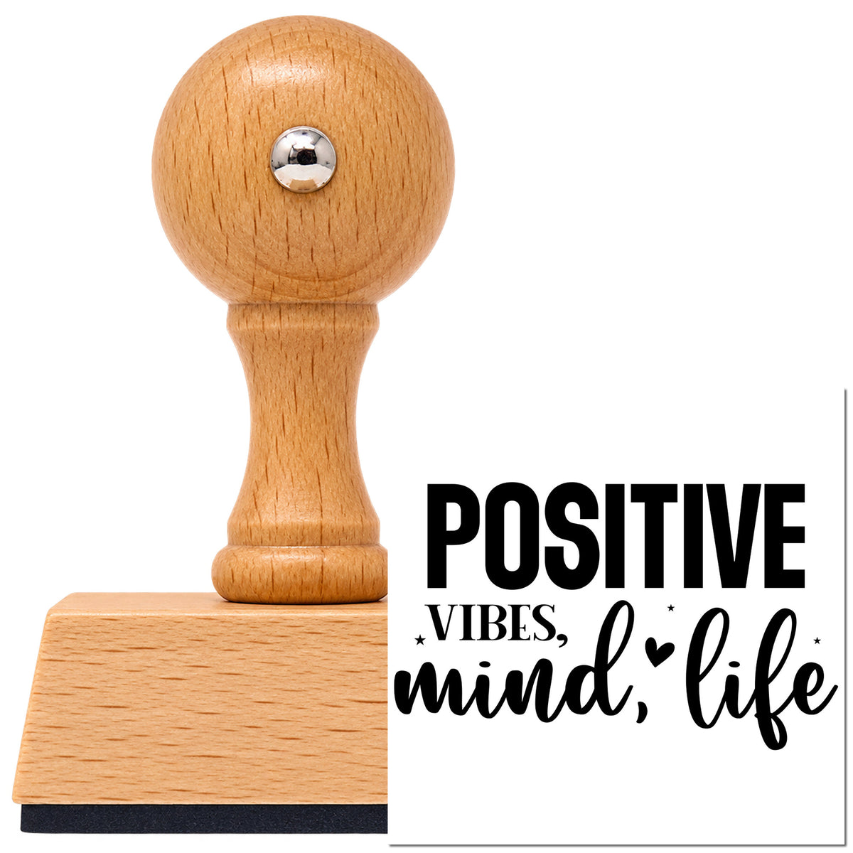 Positive Vibes Mind Life Vintage Pro rubber stamp in European beech wood with a round knob handle, shown beside its black imprint.