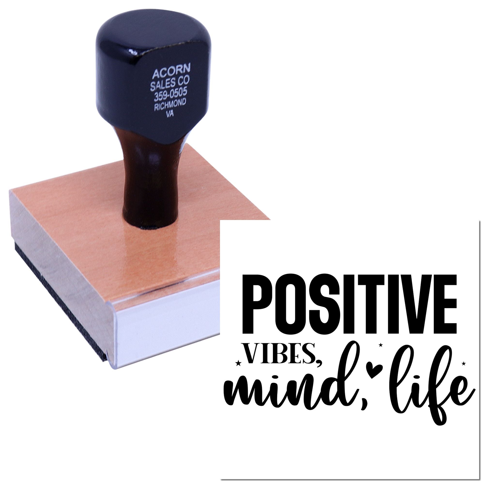 Custom rubber stamp with Positive Vibes, Mind, Life design for inspirational crafts, packaging, and business branding.