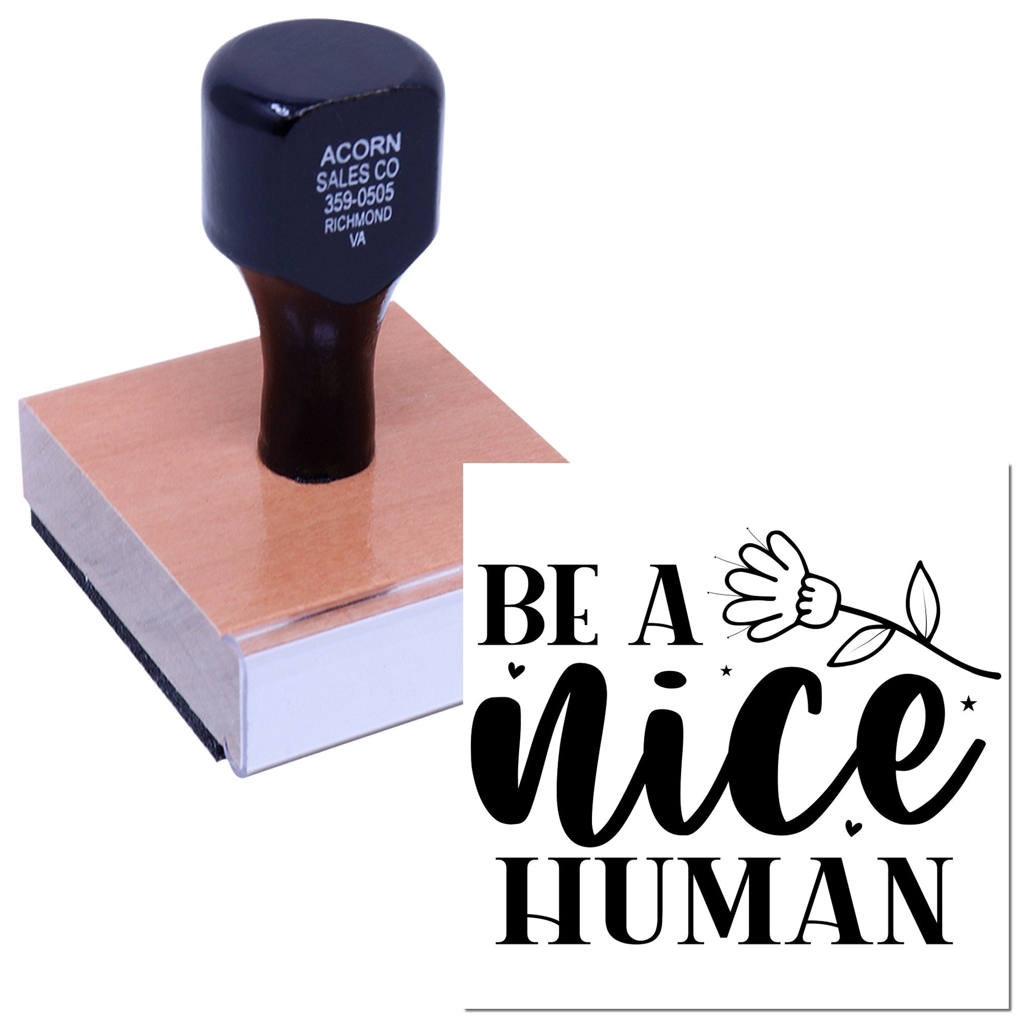 Custom rubber stamp showing Be a Nice Human design on a wooden block for handmade cards, packaging, and crafts.