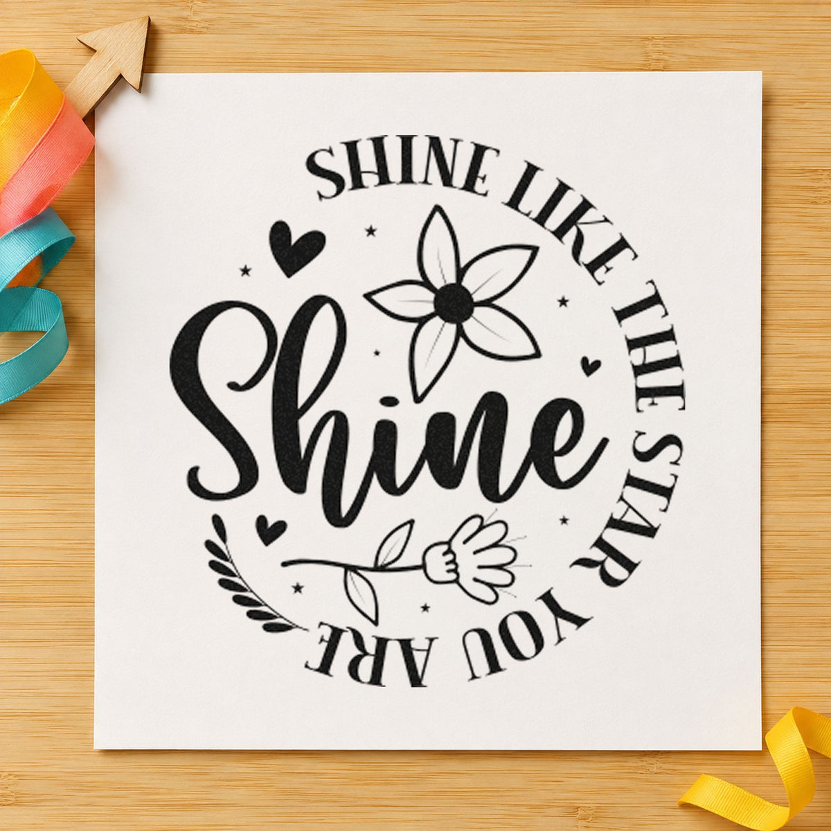 Shine Like Star You Are craft stamp imprint in black ink on a handmade project, one idea being bow set gift tags.