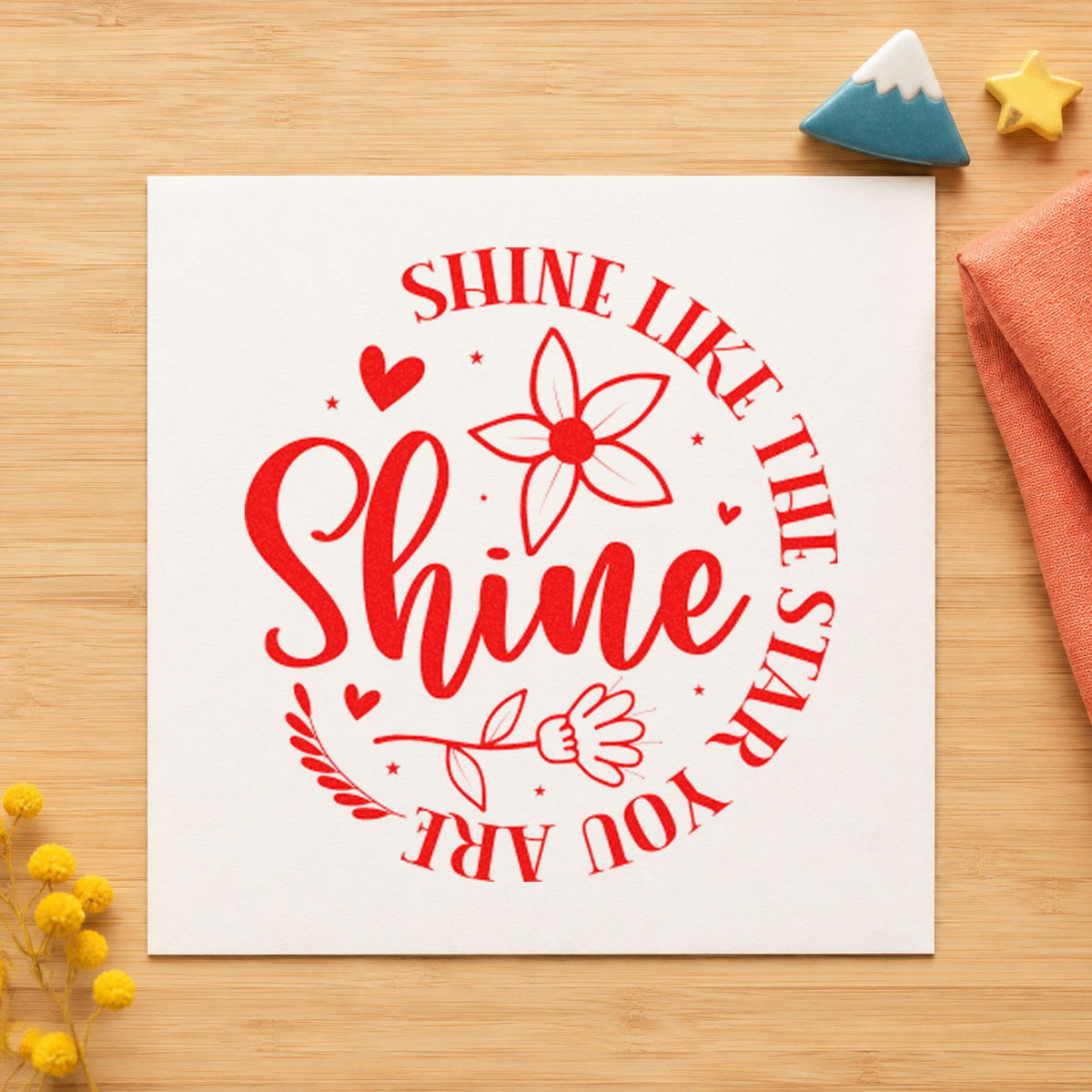 Shine Like Star You Are craft stamp imprint in red ink on a handmade project, one idea being stunt note cards.