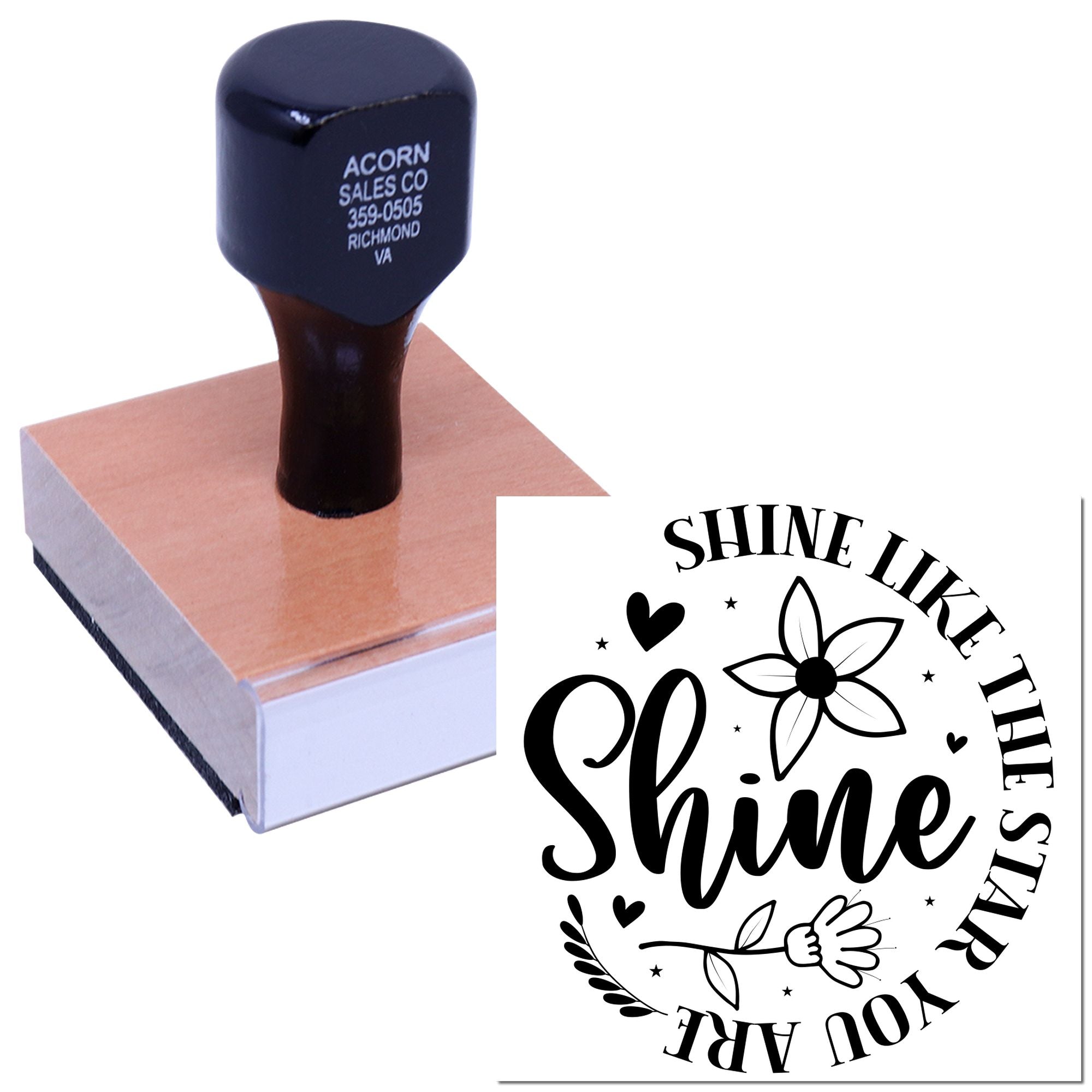 Mounted custom rubber stamp with Shine Like the Stars floral design for crafts, scrapbooking, and handmade branding.