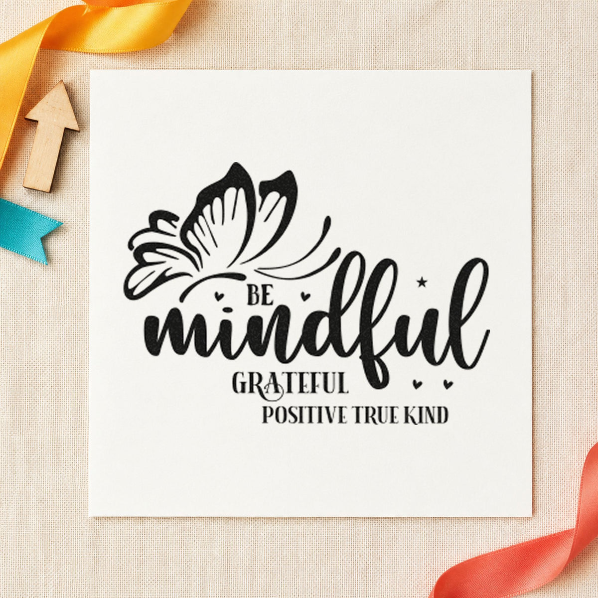 Be Mindful Butterfly Gratitude craft stamp in black ink on cardstock, an easy option for calm corner album page.