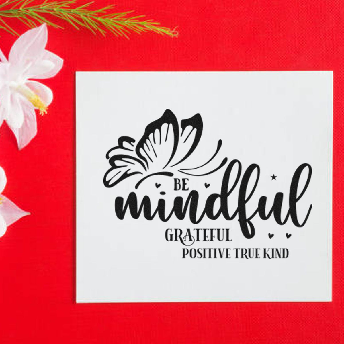 Premium Wooden Be Mindful Butterfly Gratitude With Hearts Stamp - Vintage Pro imprint stamped in black ink. A butterfly appears above "Be mindful" with the words "grateful positive true kind" and tiny hearts.