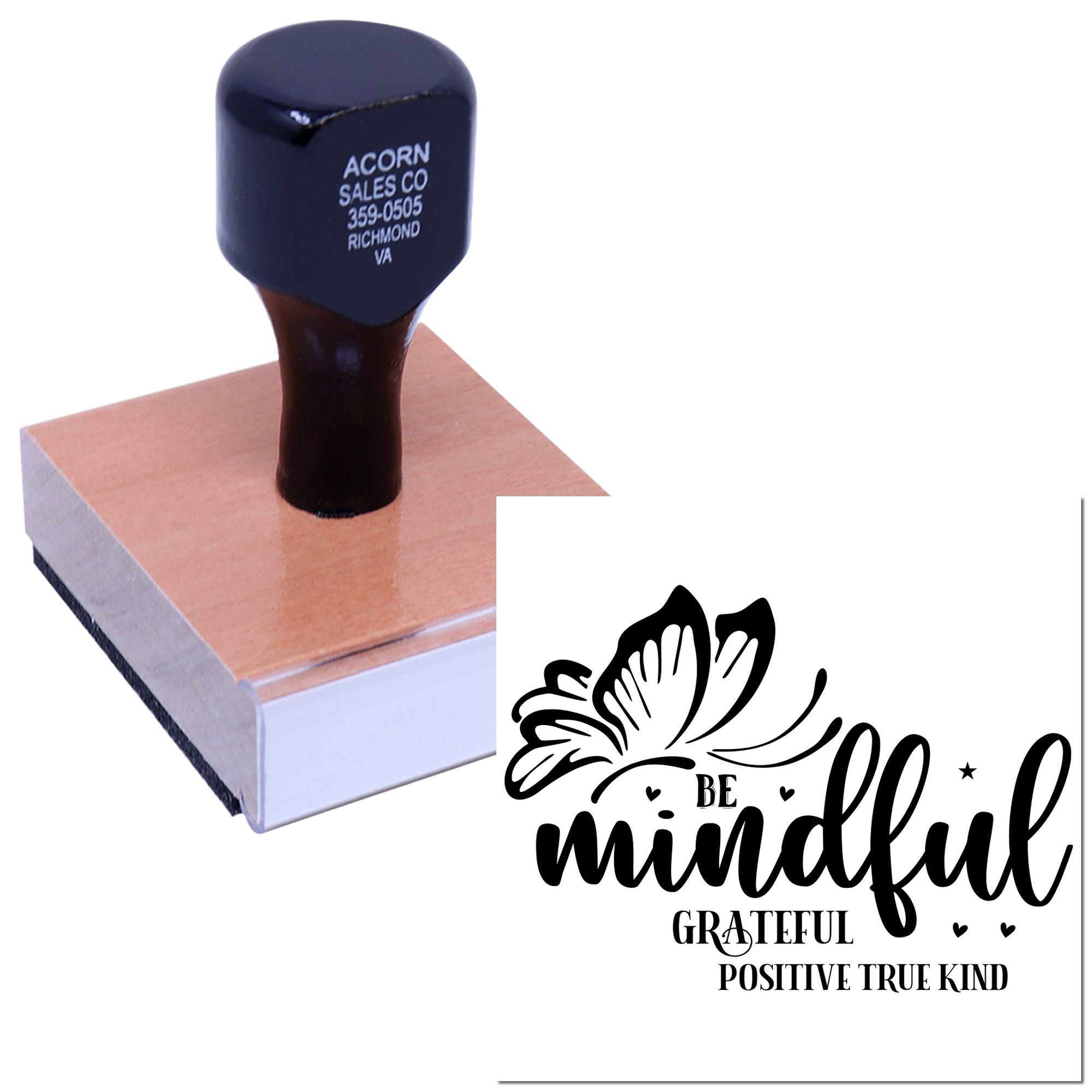 Custom wooden rubber stamp with Be Mindful butterfly quote design for inspirational crafting, journaling, and handmade projects.