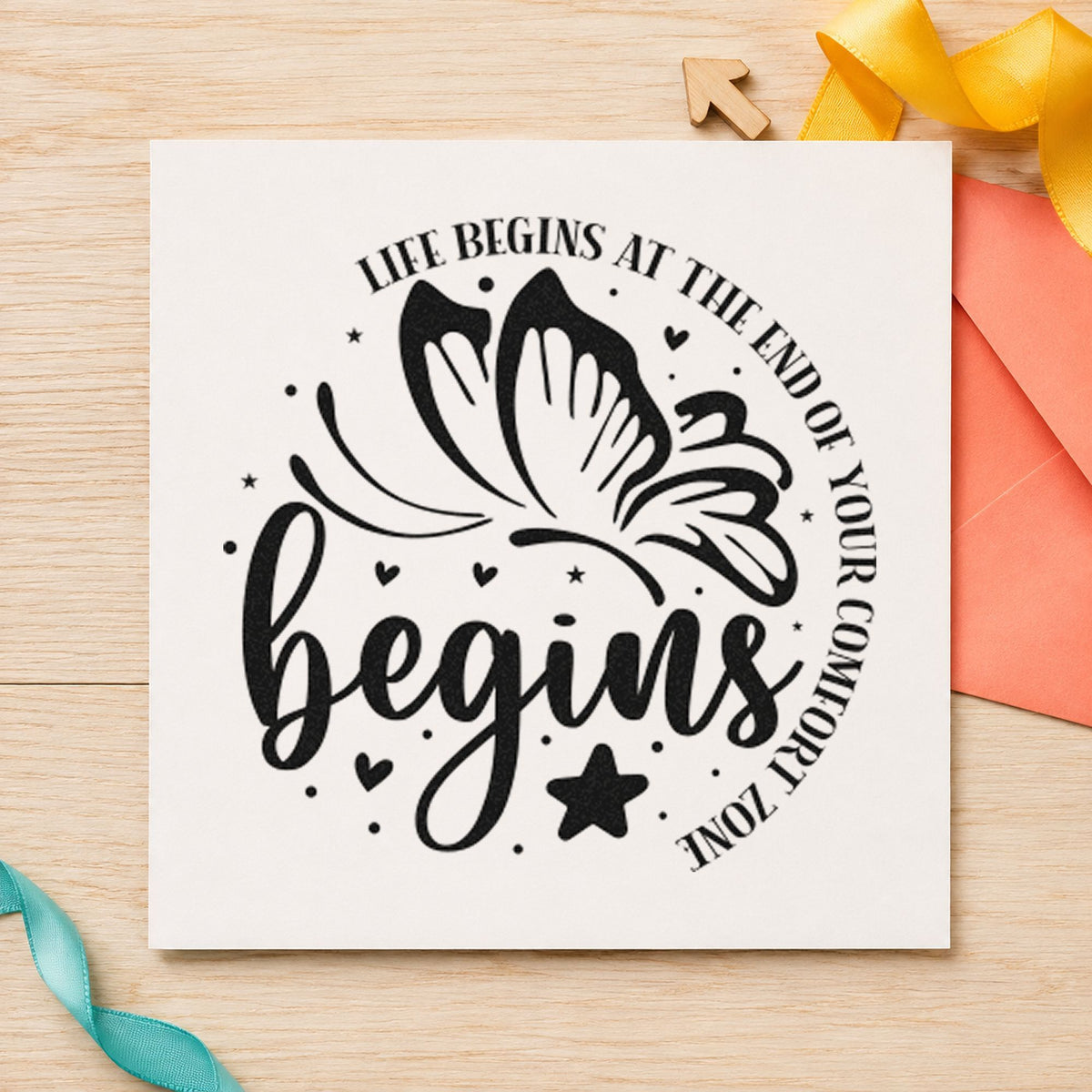 Life Begins Comfort Zone Butterfly craft stamp in black ink on cardstock, an easy option for course album page.