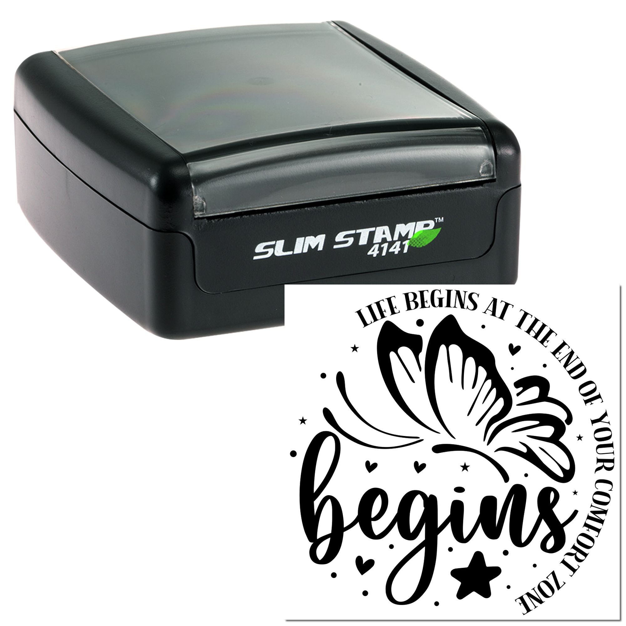 Self-inking rubber stamp with butterfly quote design, Life begins at the end of your comfort zone, for custom stamping.