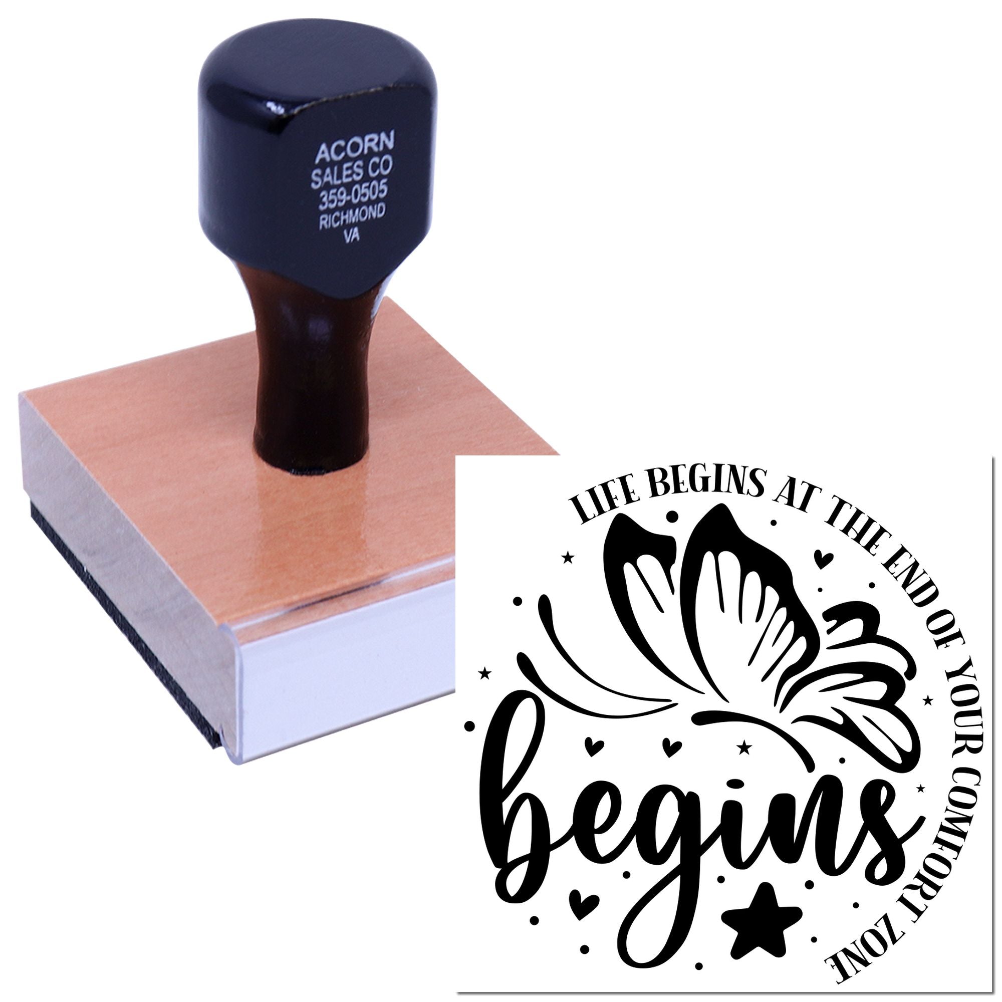 Custom rubber stamp with butterfly quote design, Life begins at the end of your comfort zone, for crafts and branding.