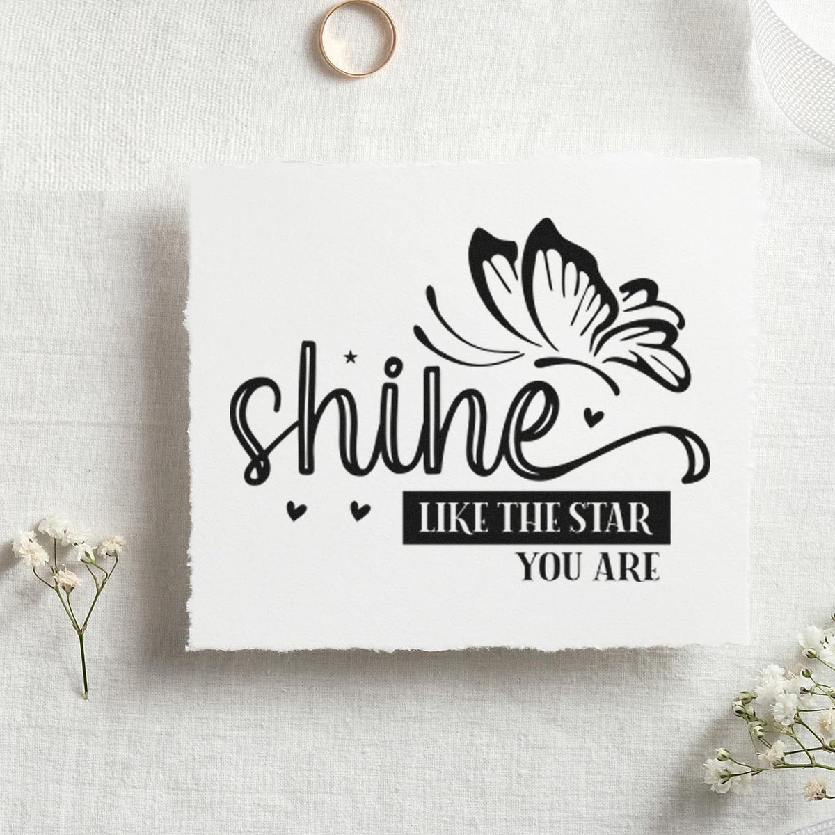 Shine Like Star Butterfly With Hearts Stamp - Premium Vintage Pro Wooden imprint stamped in black ink. A butterfly appears above "shine" with hearts and the words "like the star you are" in a dark label and capitals.