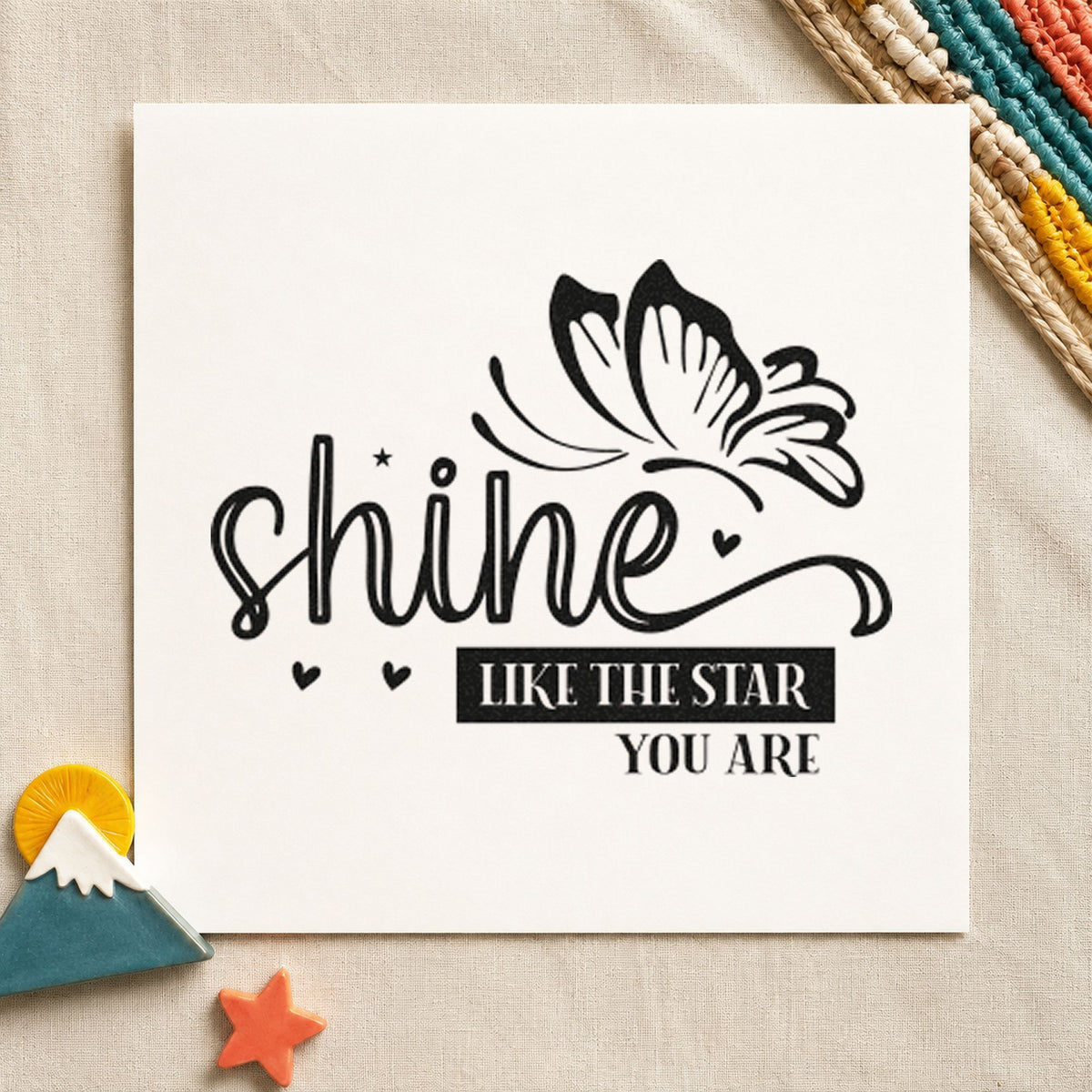 Shine Like Star Butterfly rubber stamp printed in black ink, ready for dark label cards and similar paper crafts.