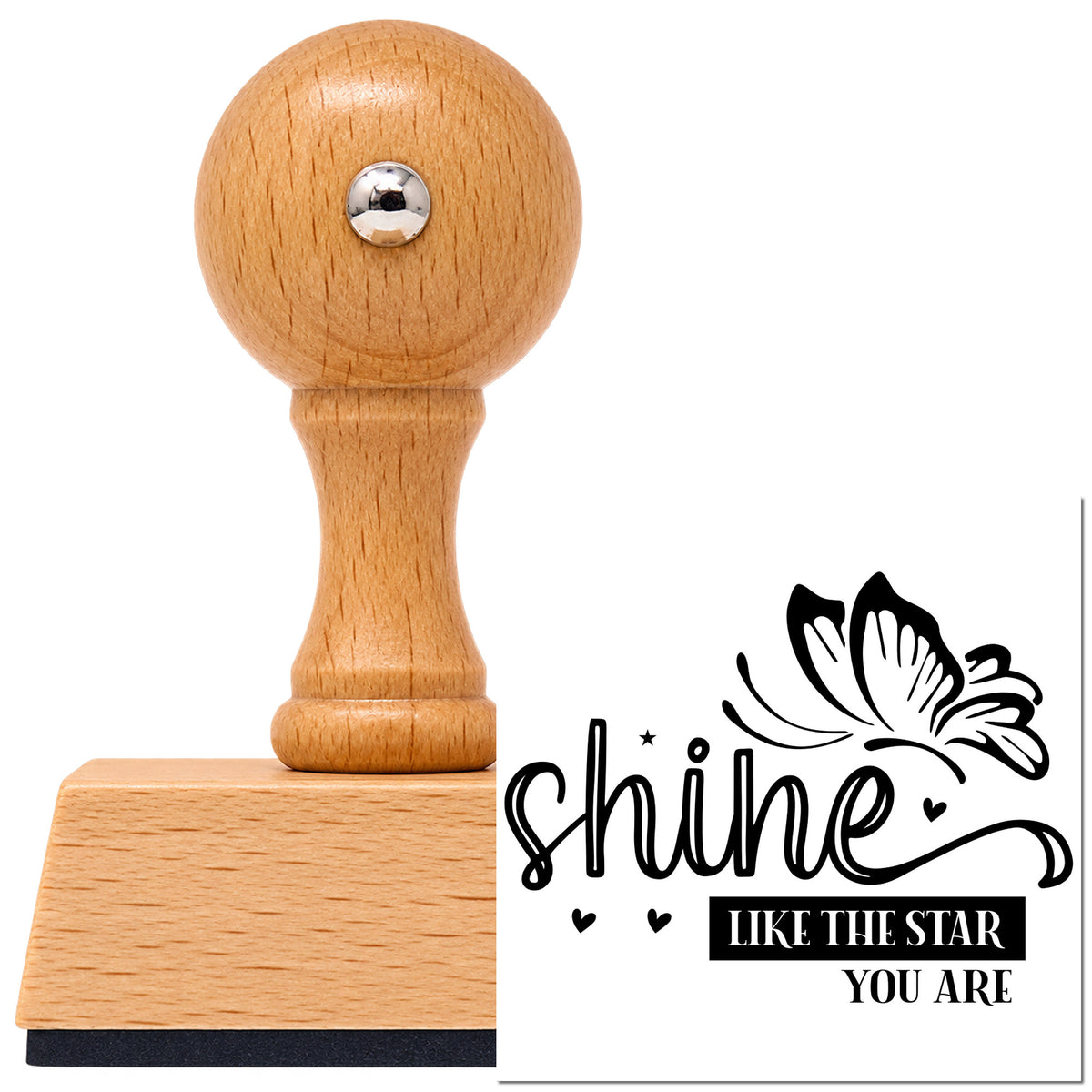 Shine Like Star Butterfly With Hearts Vintage Pro rubber stamp in European beech wood with a round knob handle, shown beside its black imprint.