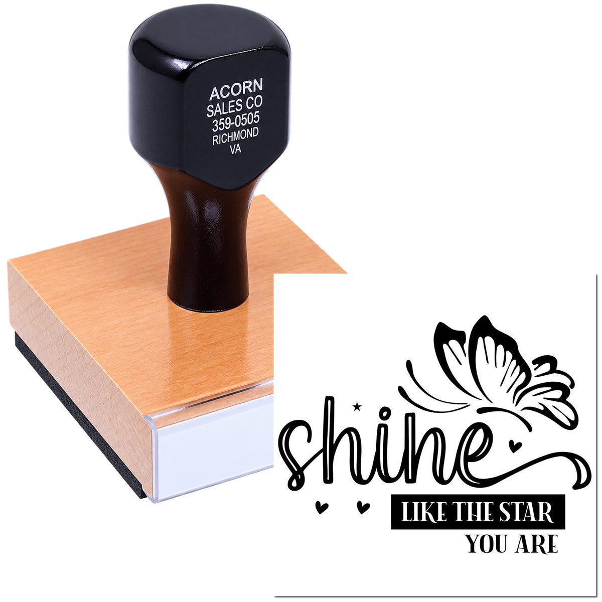 Custom inspirational rubber stamp with butterfly design and "Shine Like the Star You Are" message for crafts.