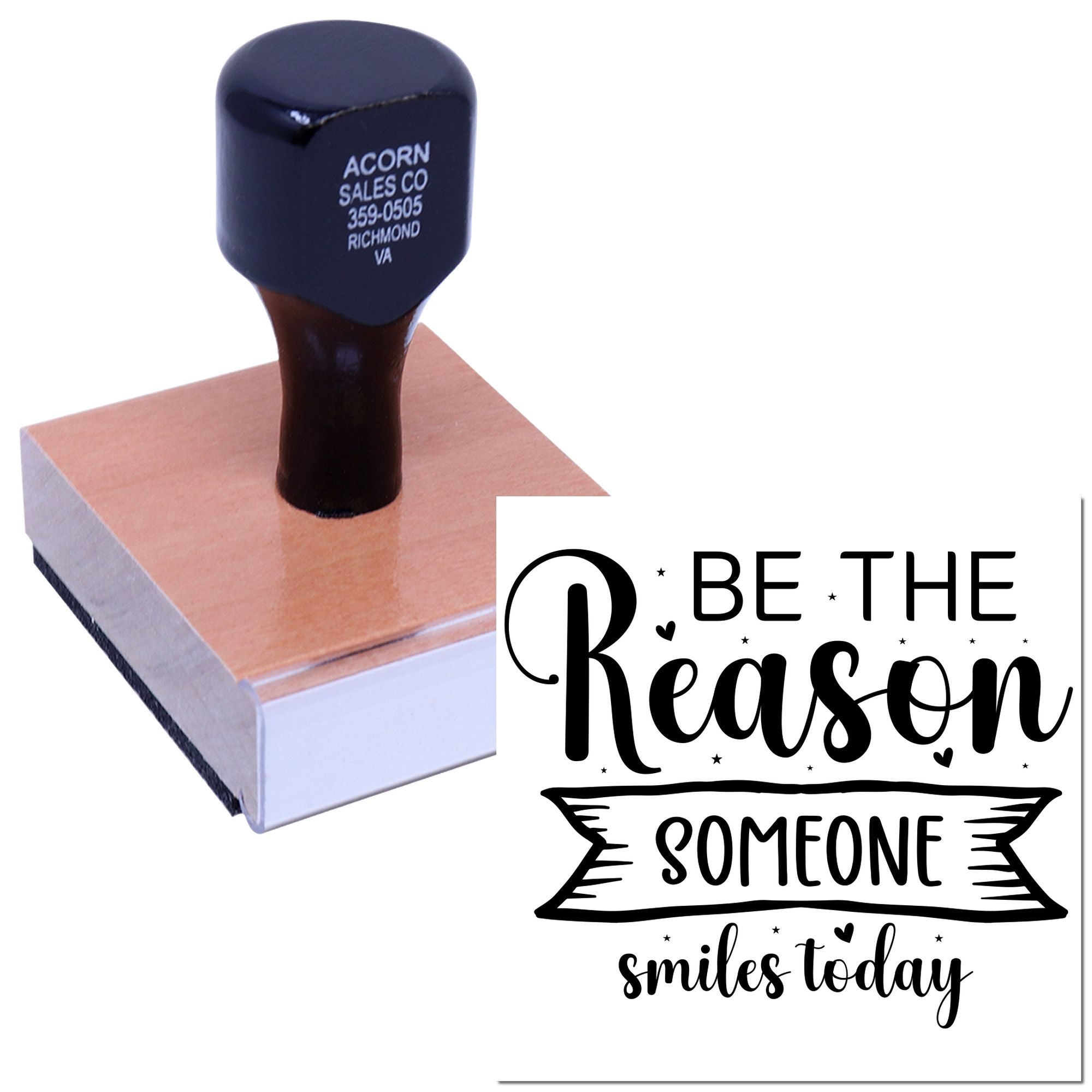 Custom rubber stamp featuring Be the reason someone smiles today quote for handmade cards, crafts, and packaging.