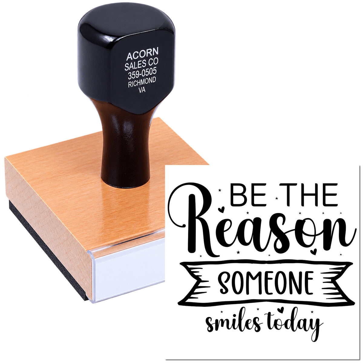 Custom rubber stamp featuring Be the reason someone smiles today quote for handmade cards, crafts, and packaging.