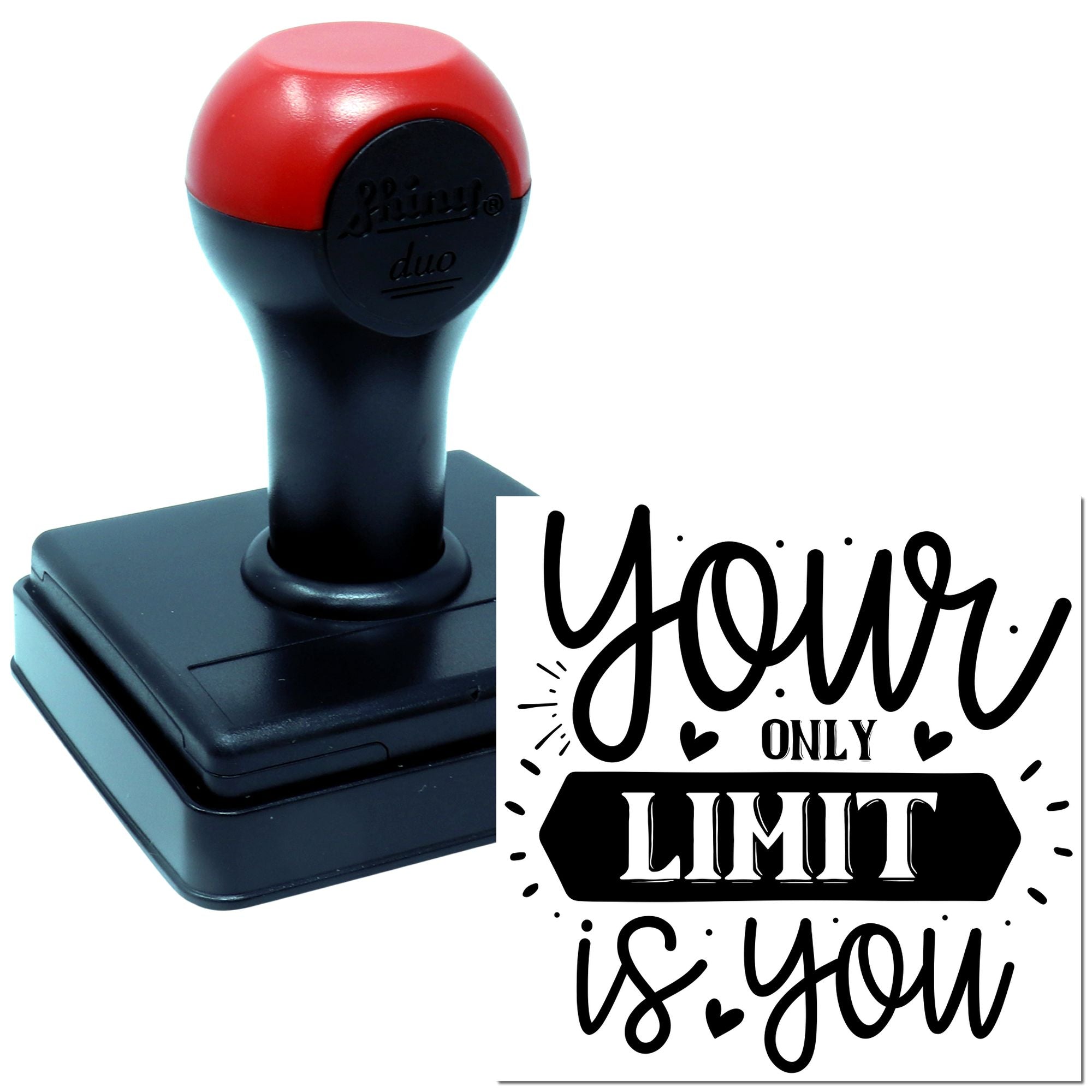 Custom self-inking rubber stamp featuring motivational text Your only limit is you for personalized business or craft use.