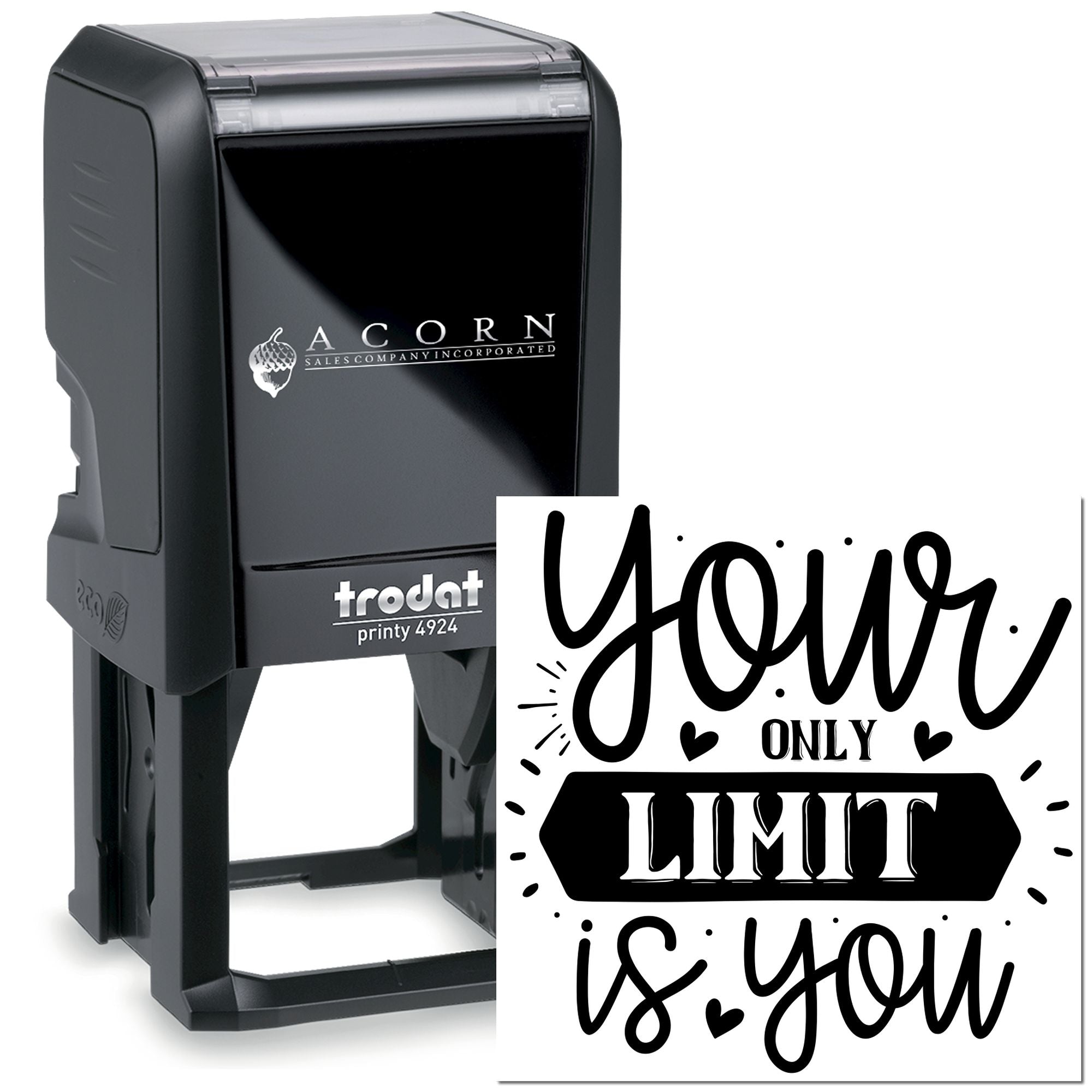 Custom self-inking rubber stamp, Trodat Printy 4924, with Your only limit is you motivational design for business branding.