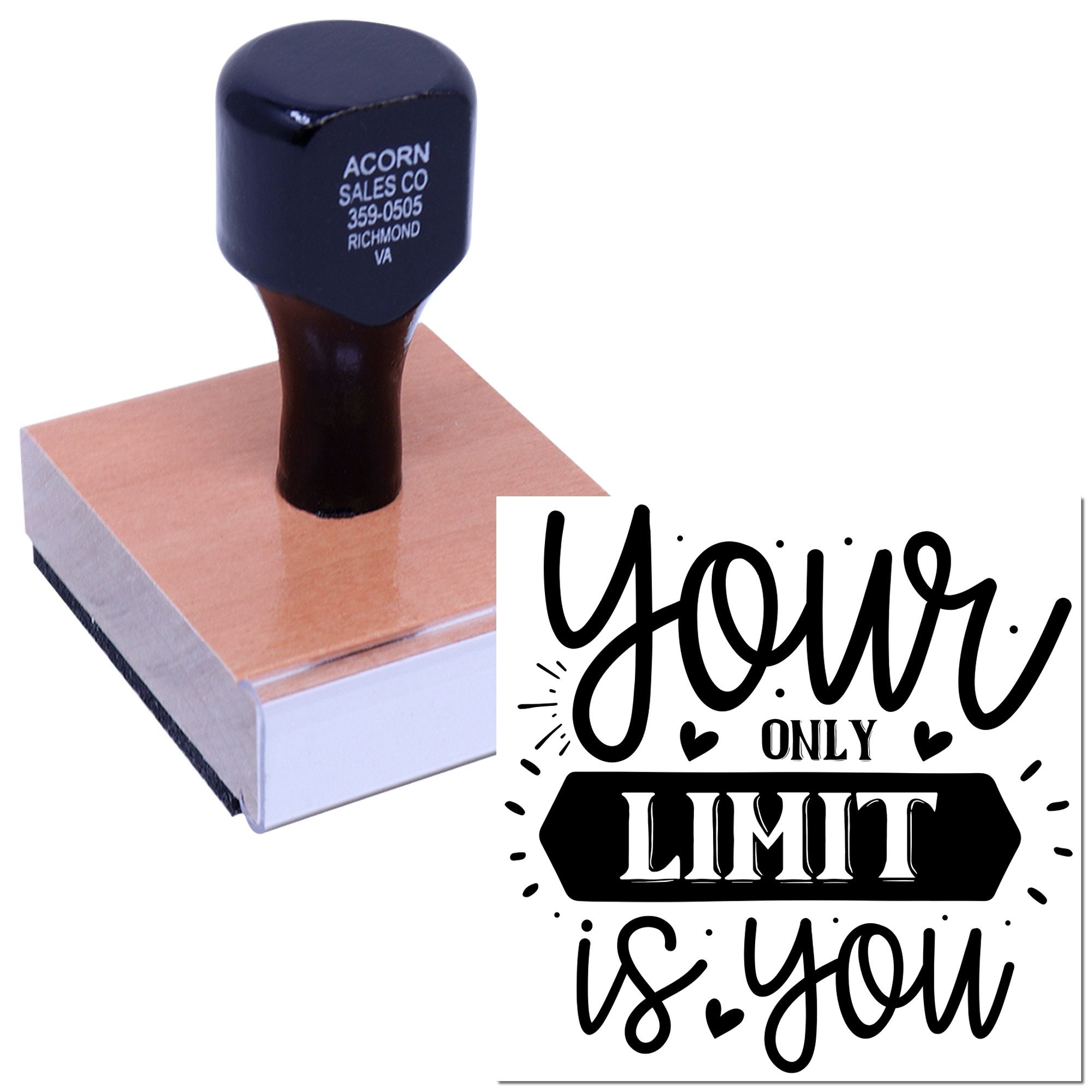 Custom rubber stamp with Your Only Limit Is You motivational quote for DIY crafts, branding, and personalized stamping.