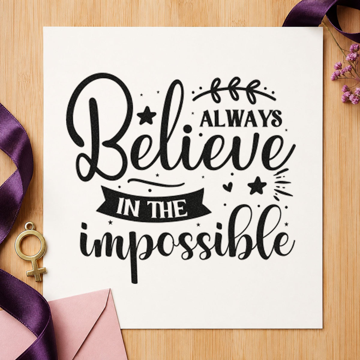 Always Believe In Impossible rubber stamp printed in black ink, ready for shift cover sheet and similar paper crafts.