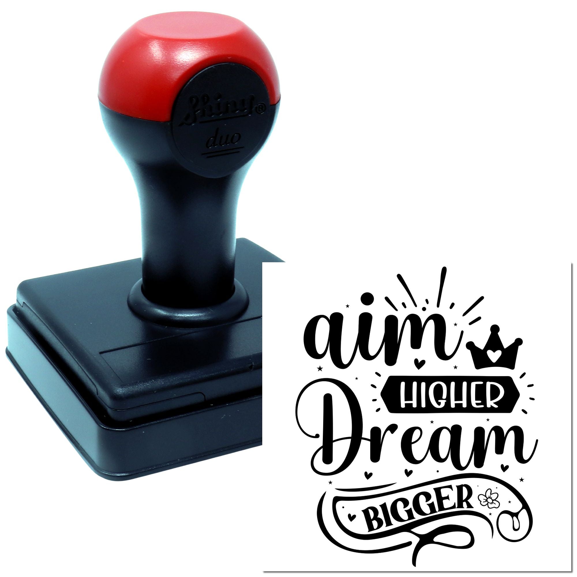 Self-inking rubber stamp with Aim Higher, Dream Bigger design for crafts, planners, and custom motivational branding.