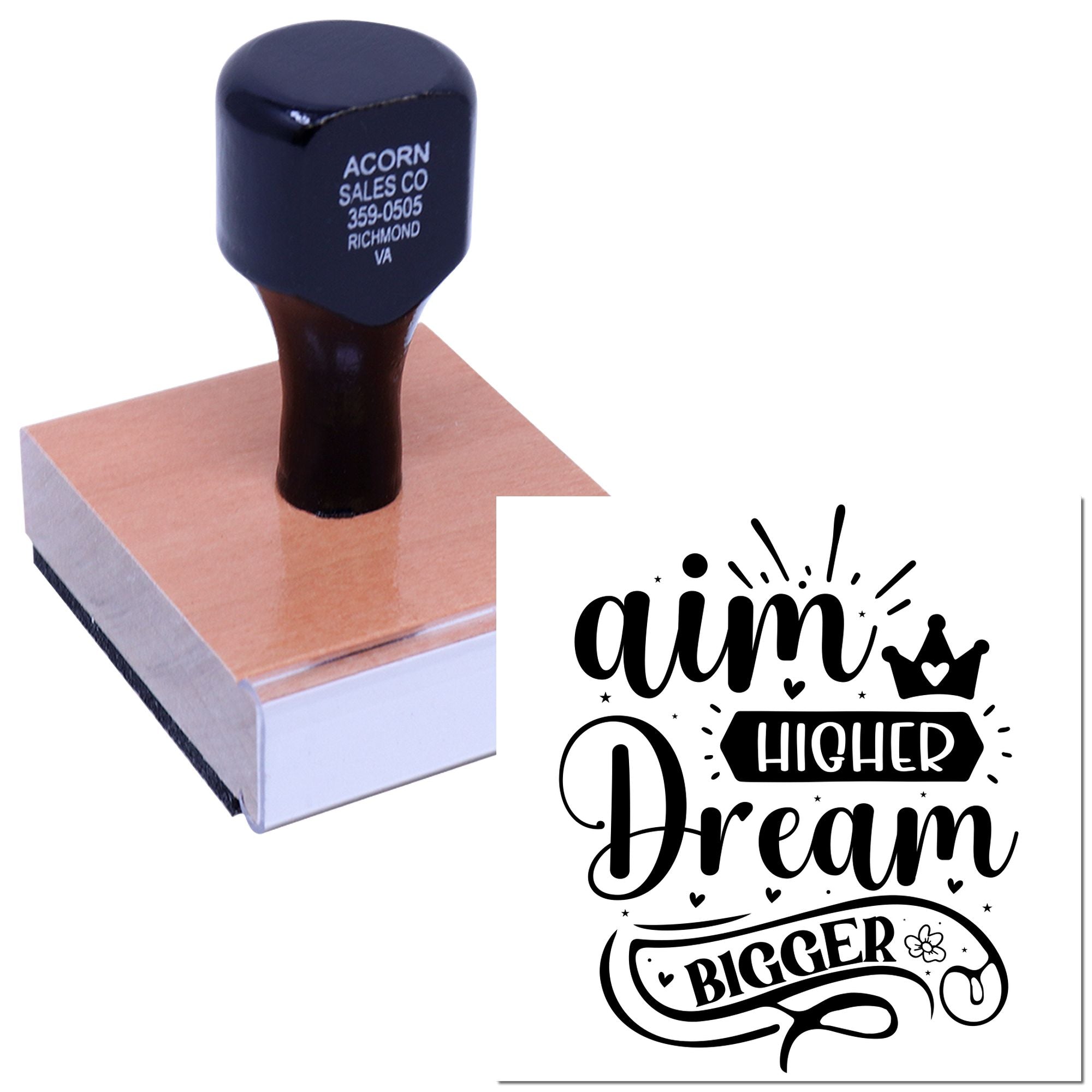 Custom rubber stamp with Aim Higher, Dream Bigger design, ideal for personalized crafts and business branding.