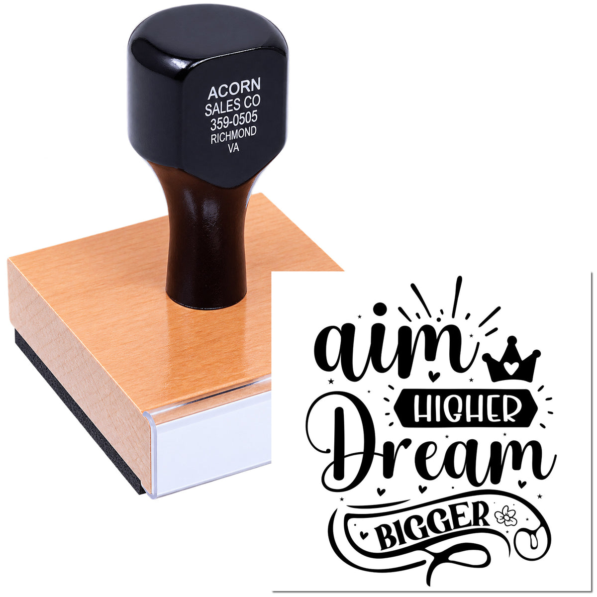 Custom rubber stamp with Aim Higher, Dream Bigger design, ideal for personalized crafts and business branding.