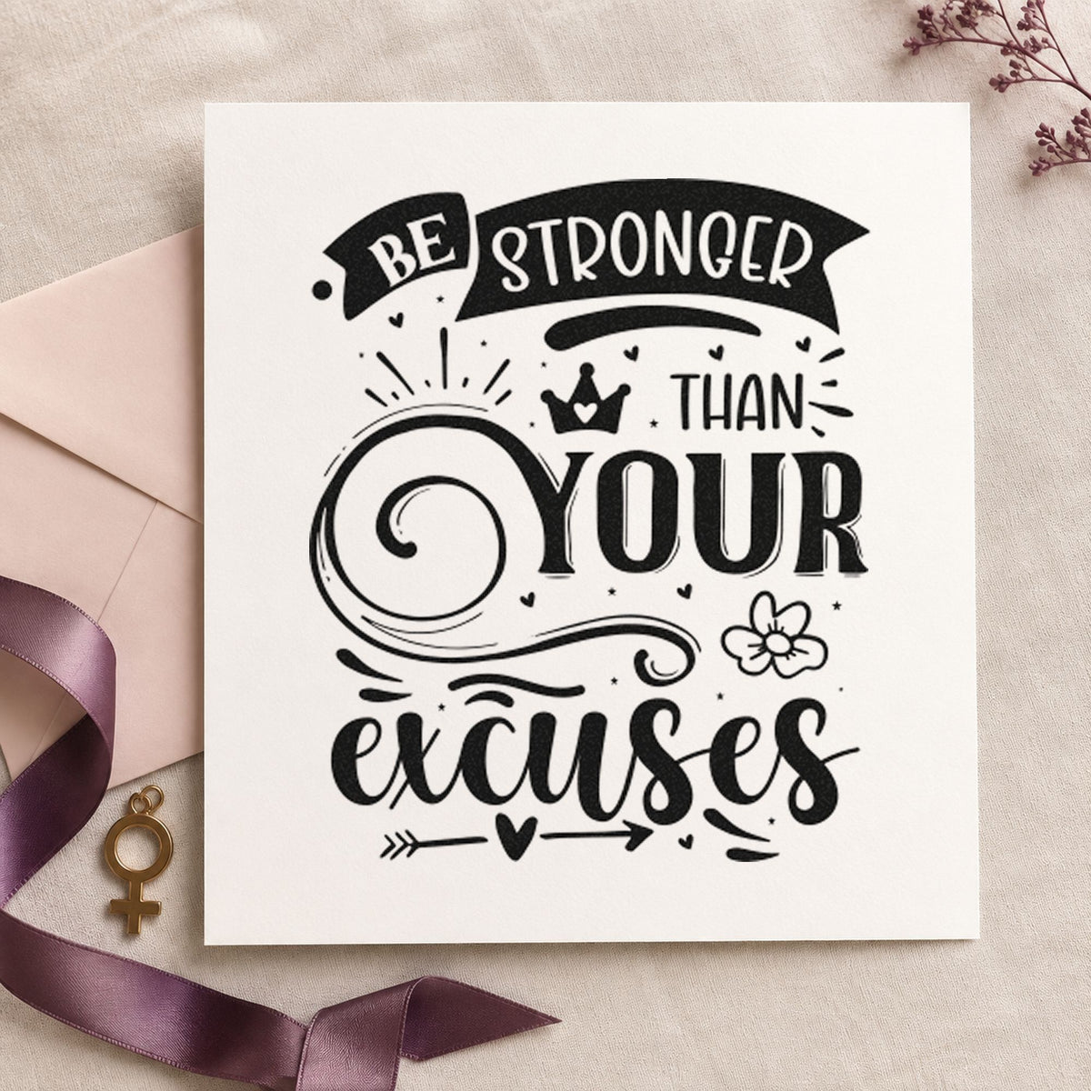 Stronger Than Your Excuses Crown craft stamp imprint in black ink on a handmade project, one idea being treat bag gift tags.