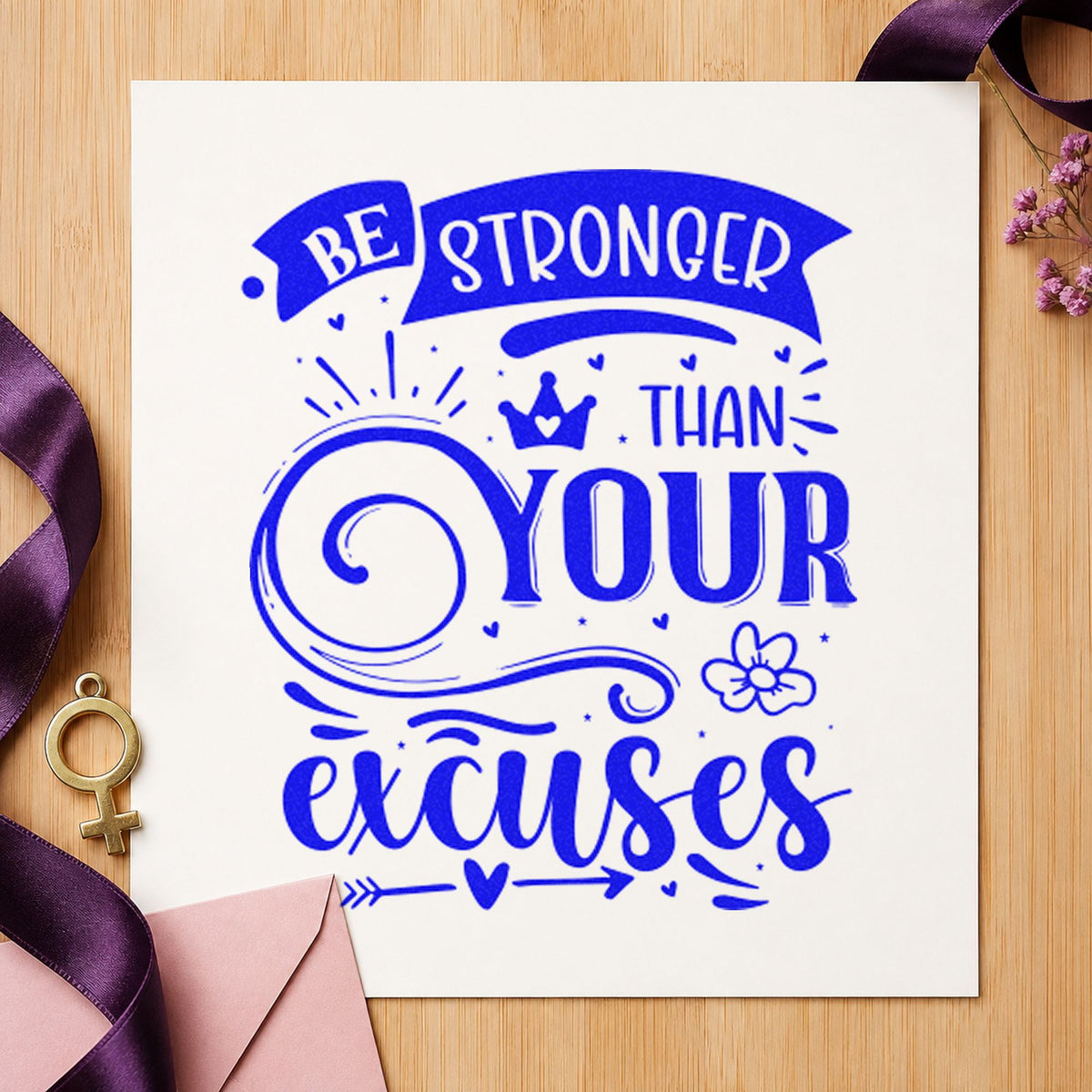 Stronger Than Your Excuses Crown craft stamp in blue ink on cardstock, an easy option for ring sleeve printing.