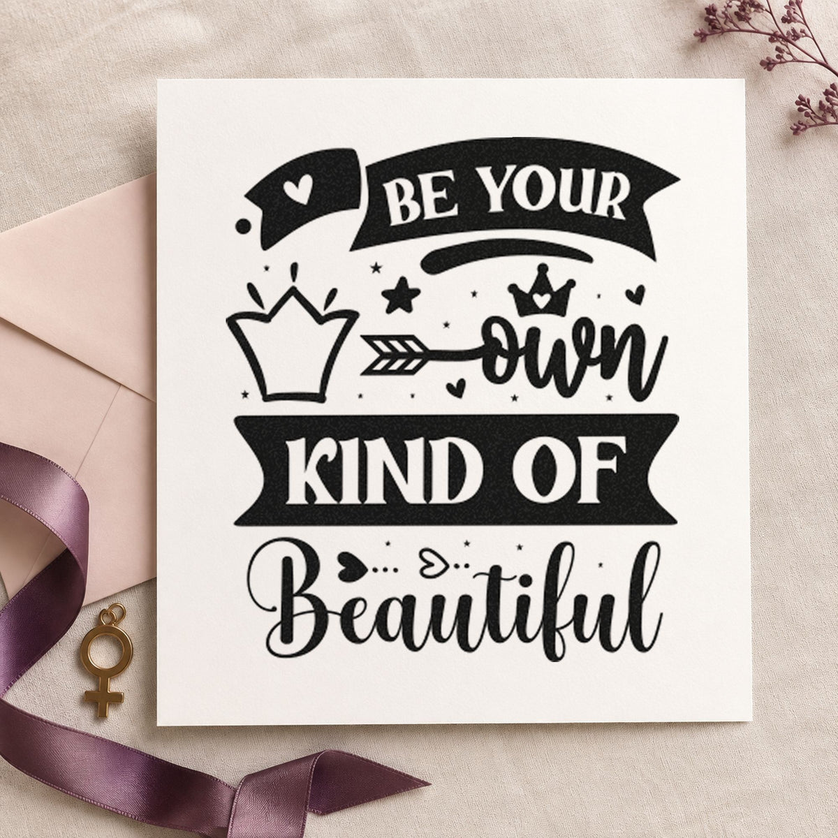 Your Own Kind Of Beautiful rubber stamp printed in black ink, ready for crown banner cards and similar paper crafts.