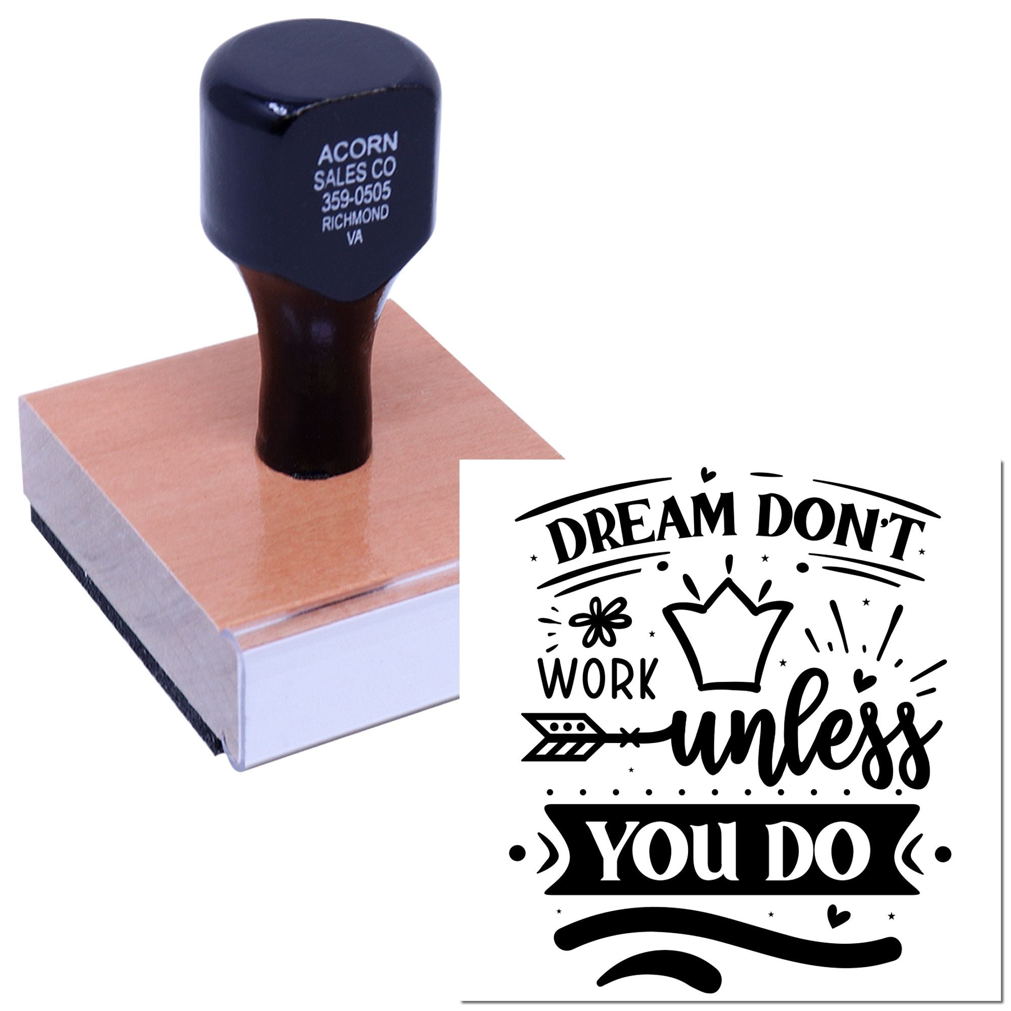 Custom rubber stamp with motivational quote design for personalized crafts, branding, and office use.