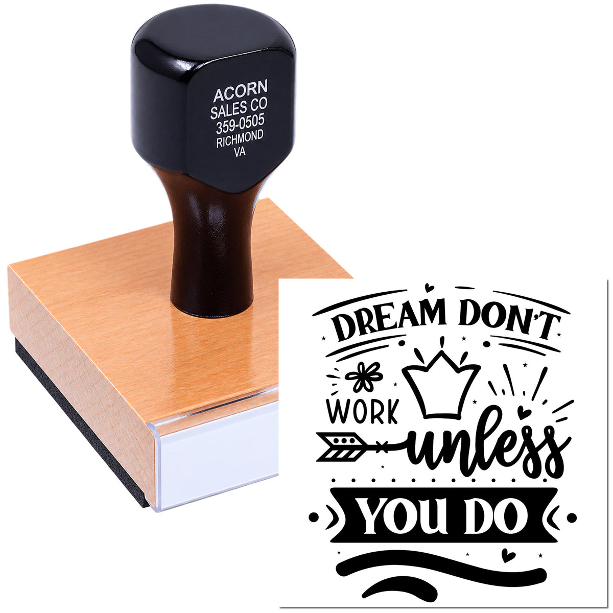 Custom rubber stamp with motivational quote design for personalized crafts, branding, and office use.
