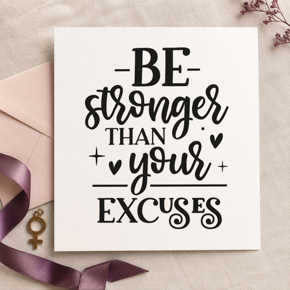 Be Stronger Than Your Excuses craft stamp in black ink on cardstock, an easy option for club album page.
