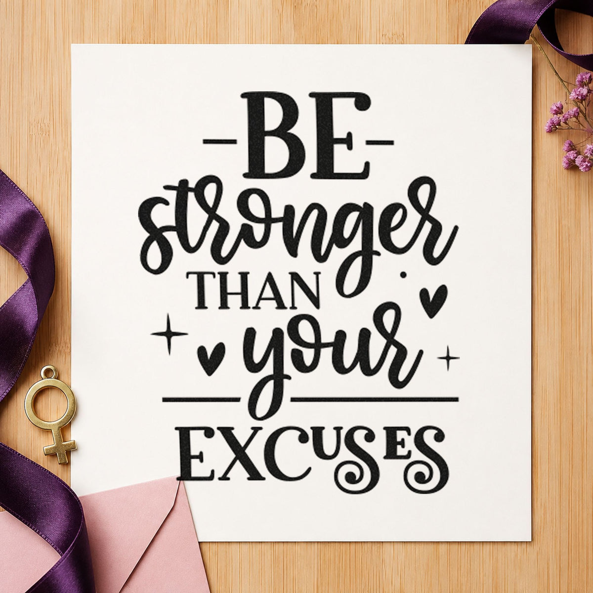 Be Stronger Than Your Excuses rubber stamp printed in black ink, ready for cycle program sheet and similar paper crafts.