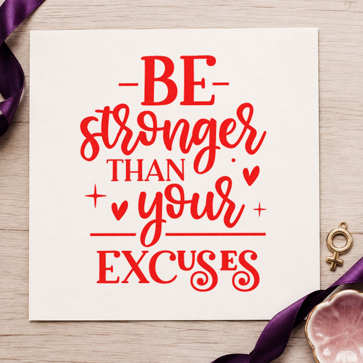 Be Stronger Than Your Excuses rubber stamp shown in red ink, stamped for projects such as rack bar labels.