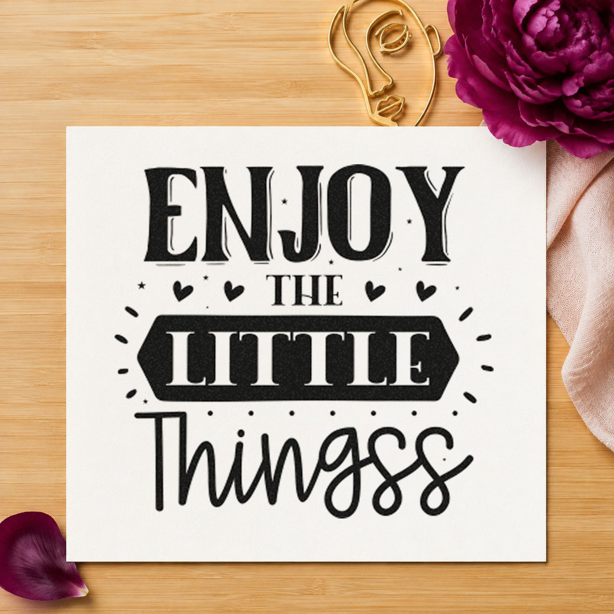 Enjoy The Little Things Hearts rubber stamp printed in black ink, ready for recipe pick sheet and similar paper crafts.
