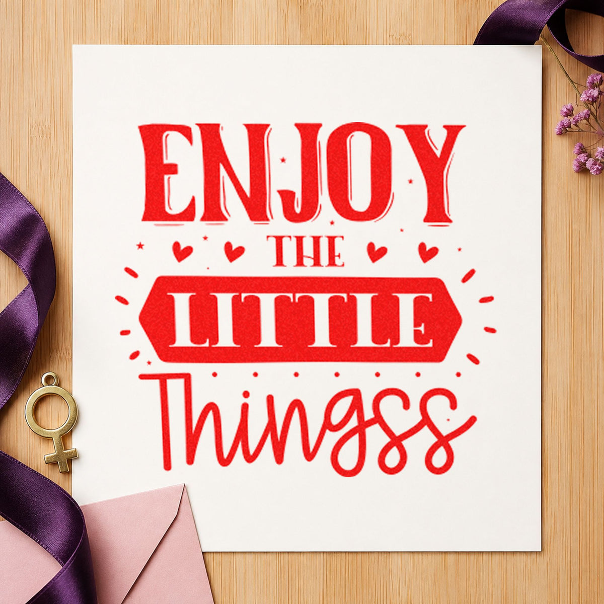 Enjoy The Little Things Hearts rubber stamp shown in red ink, stamped for projects such as jar cutter labels.
