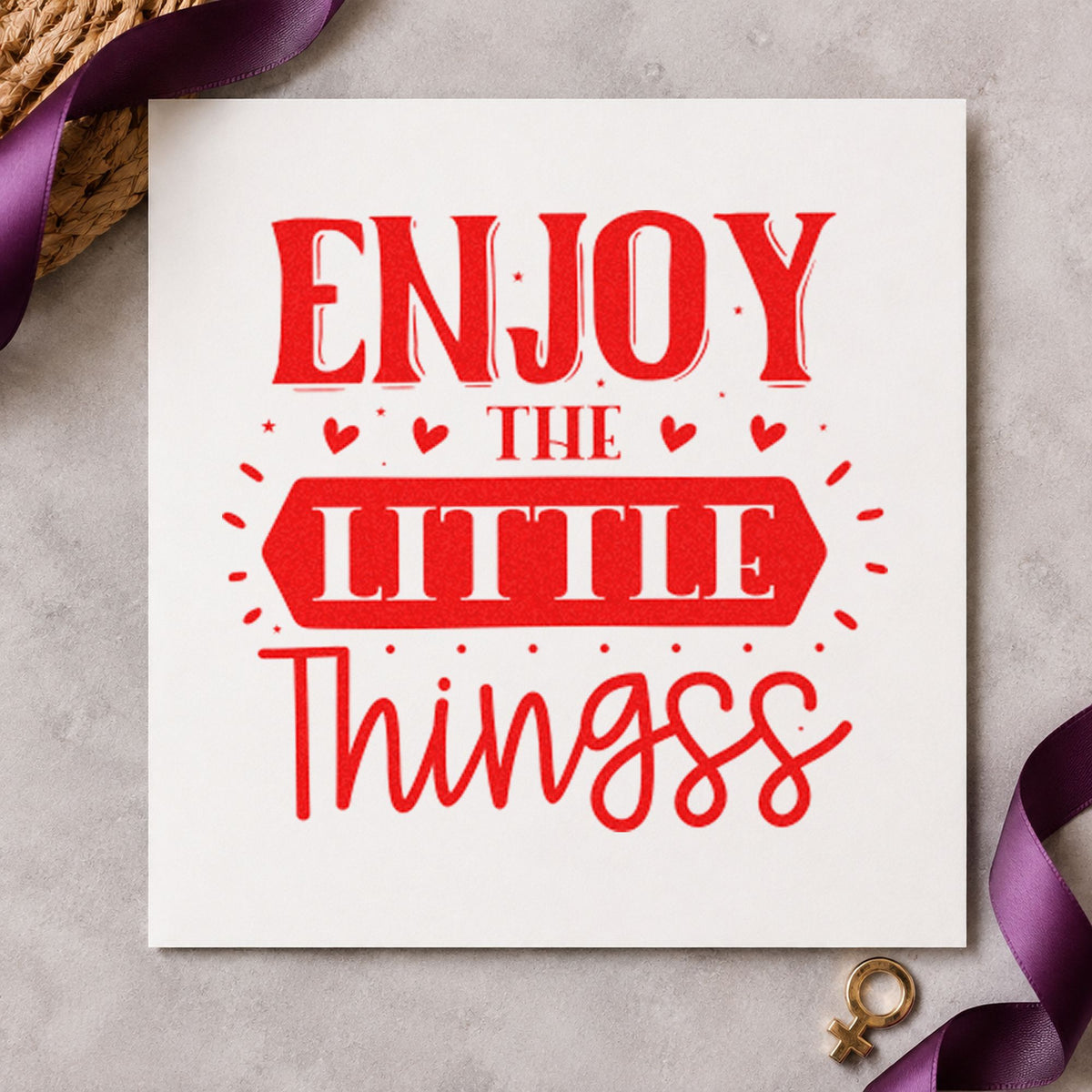 Enjoy The Little Things Hearts craft stamp imprint in red ink on a handmade project, one idea being recipe copy cards.