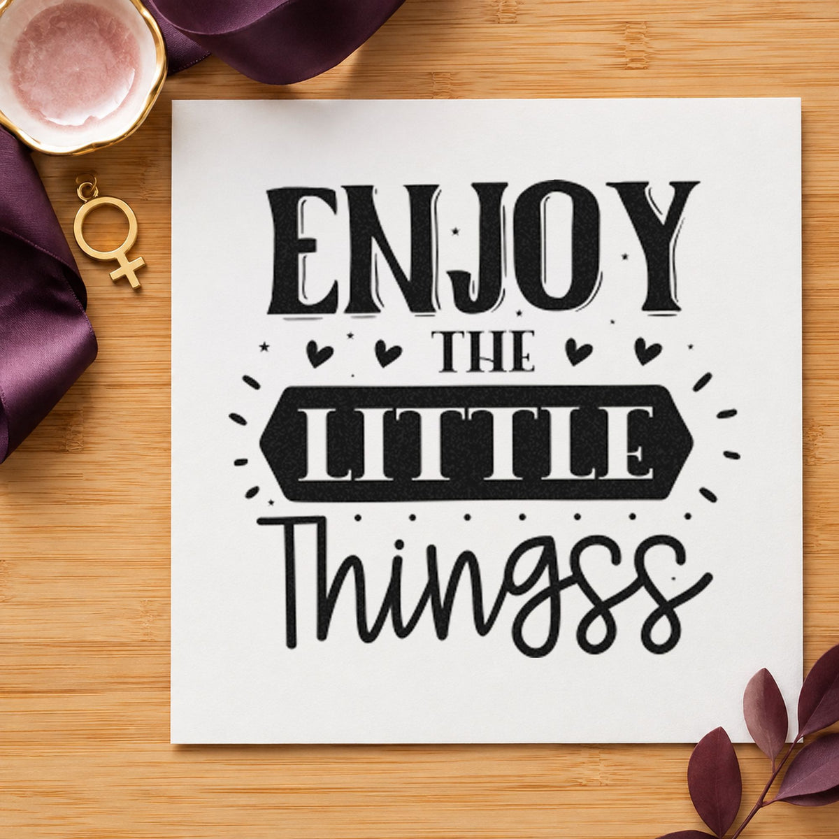 Enjoy The Little Things Hearts rubber stamp printed in black ink, ready for dotted ray cards and similar paper crafts.
