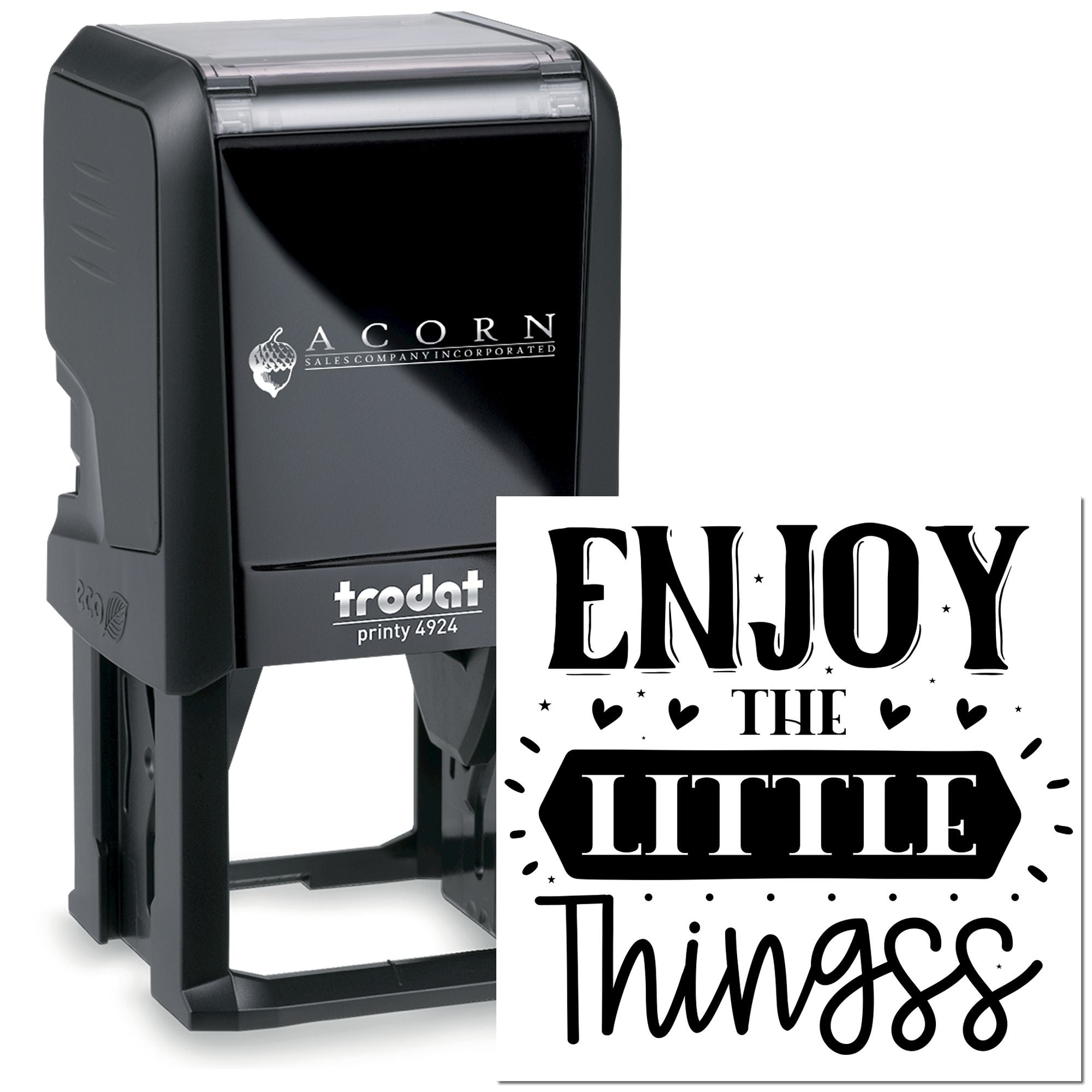 Custom self-inking rubber stamp with Enjoy the Little Things design, Trodat Printy 4924 for personalized stamping.
